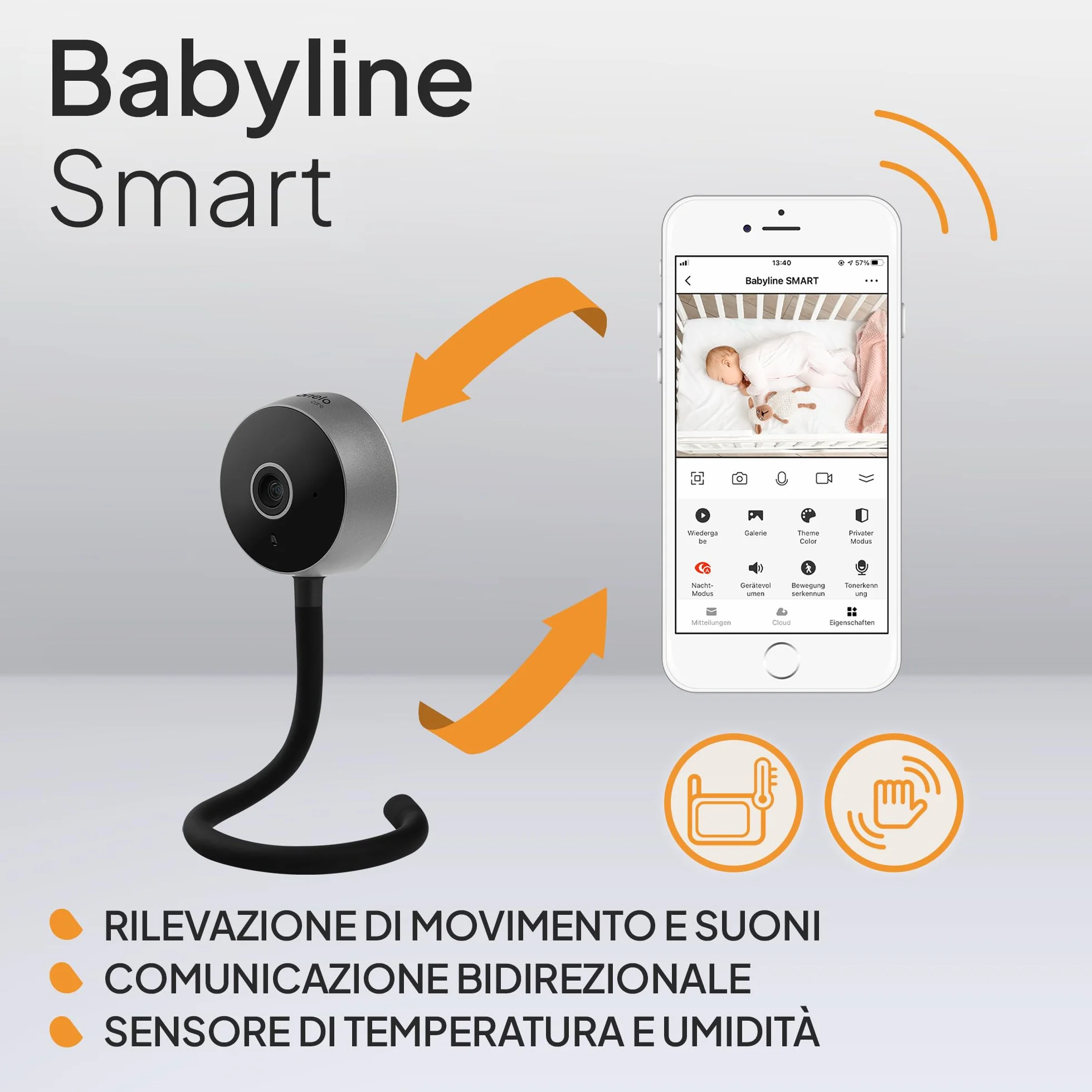 Lionelo Care Babyline Smart Smart, Baby Monitor, Baby Camera Wi-Fi, Applicazione mobile, Rilevazione di movimento e rumore, Visibilità al buio