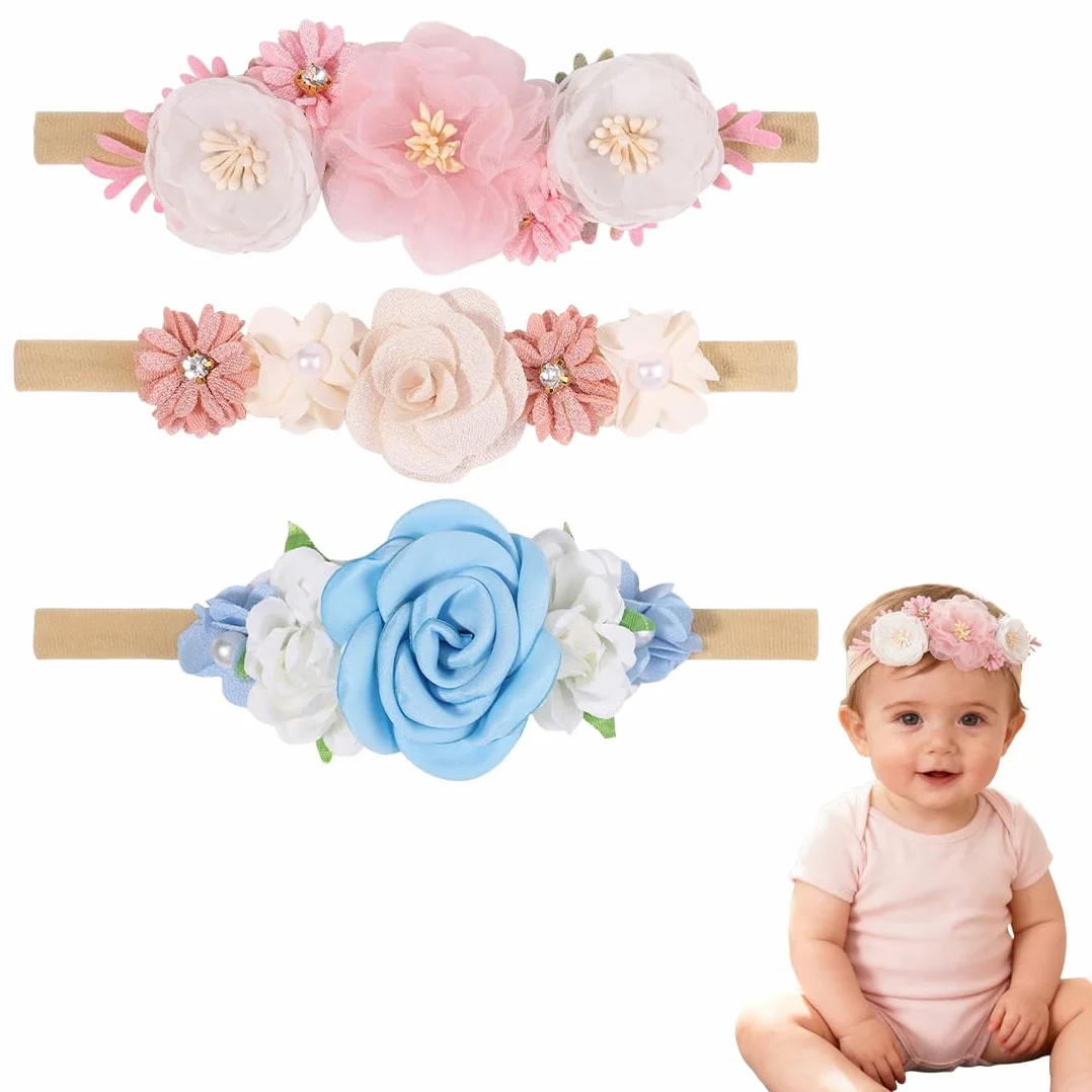 Set 3 Fasce Capelli Neonato – Fascia elastica morbida con fiocchi e fiori, Accessori capelli bambina per foto, uso quotidiano e idea regalo