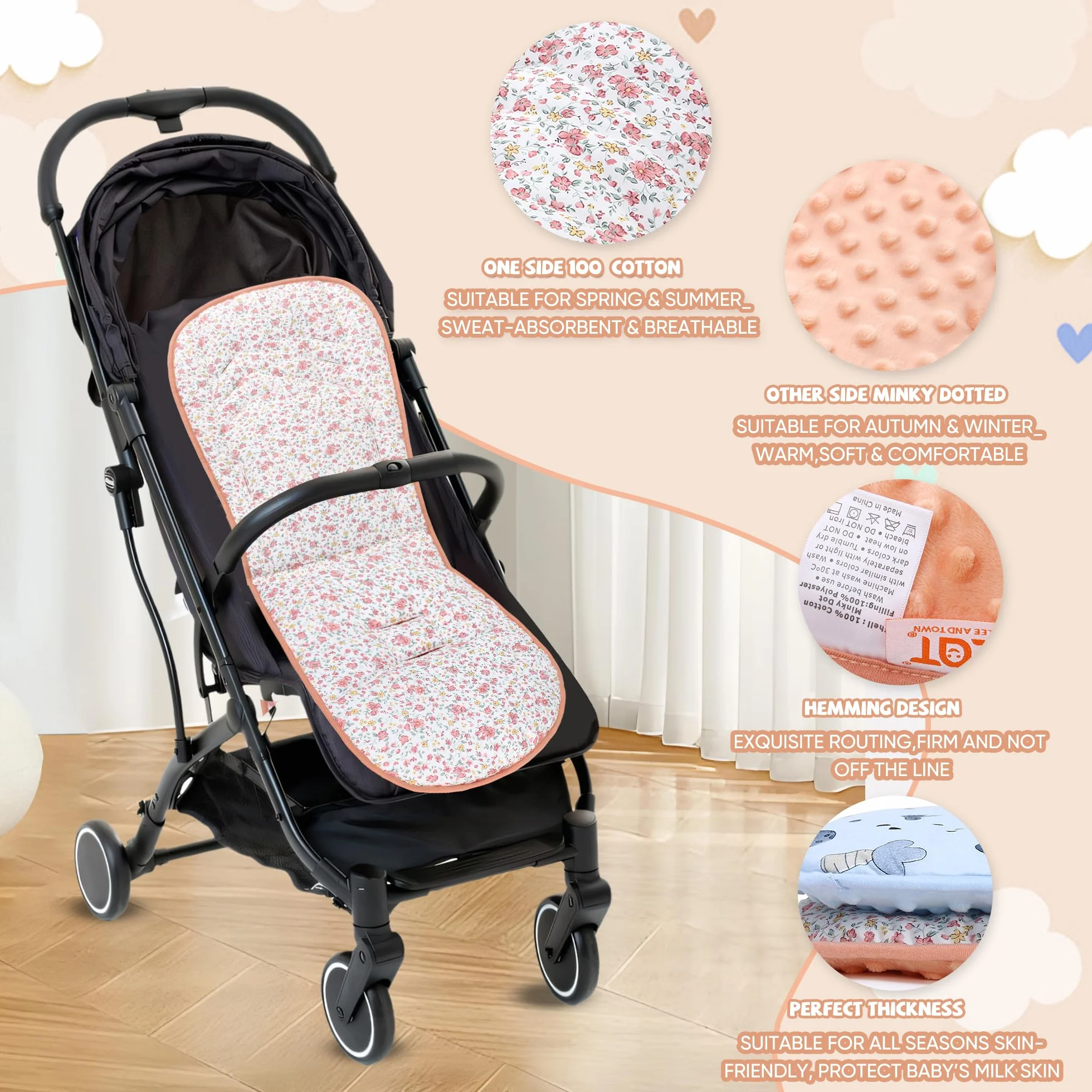 Copriseduta Passeggino Universale, Materassino per Passeggino Universale, Design Reversibile, Morbido e Traspirante Coprisedile per Passeggini, Seggiolini Auto, Culle e Seggioloni (Stampa Floreale)