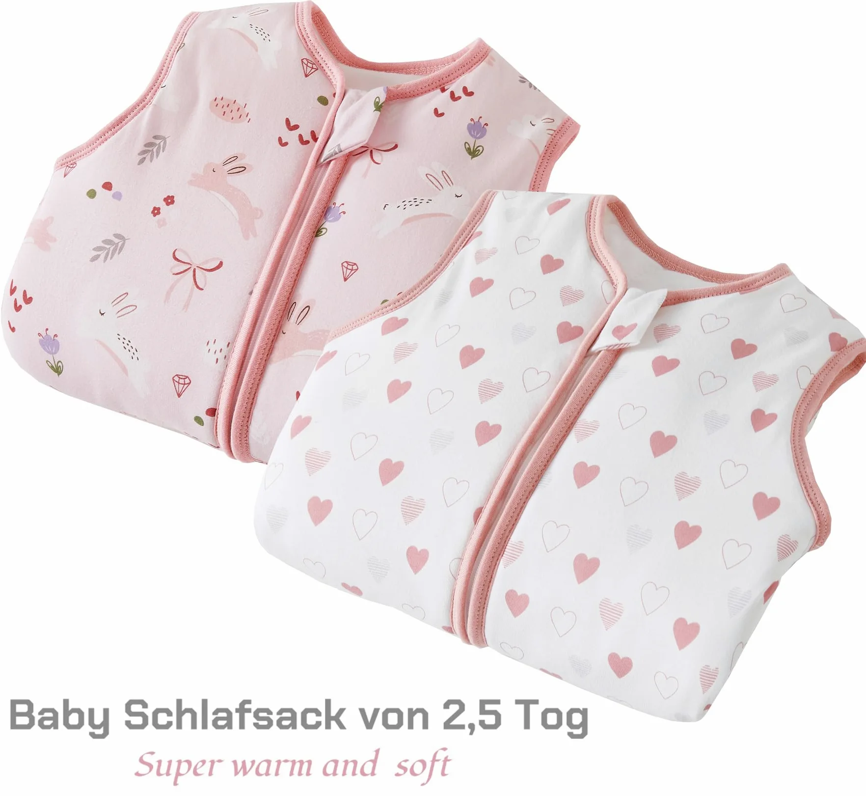 Sacco nanna invernale con piedi, in cotone, 2,5 Tog, per bambini, con gambe, 2,5 tog, cuore + coniglio, 70 cm, altezza bambino 80-90 cm
