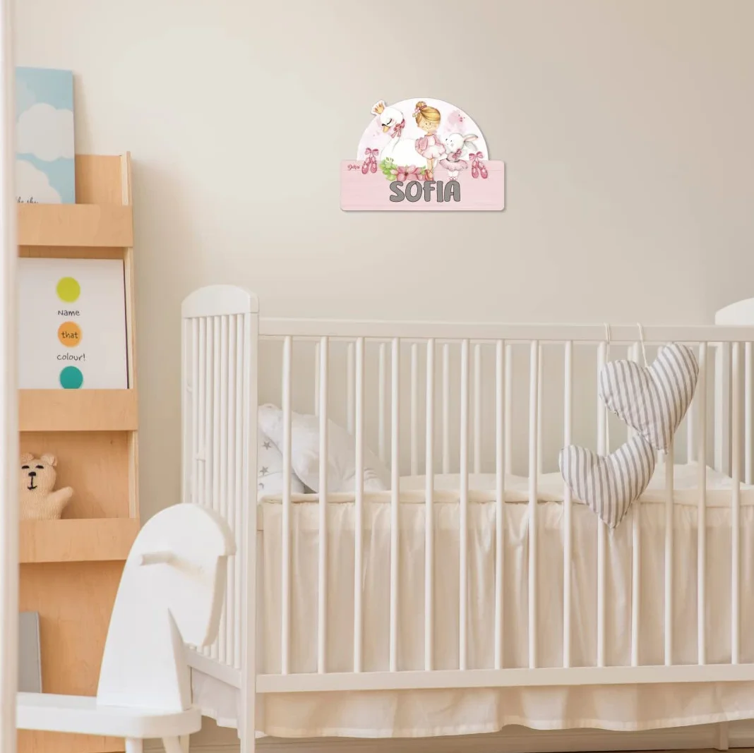 DEKORI Targhetta personalizzabile con nome per la porta, decorazione da parete in legno, sfiziosa idea regalo battesimo Comunione compleanno (Ballerina)