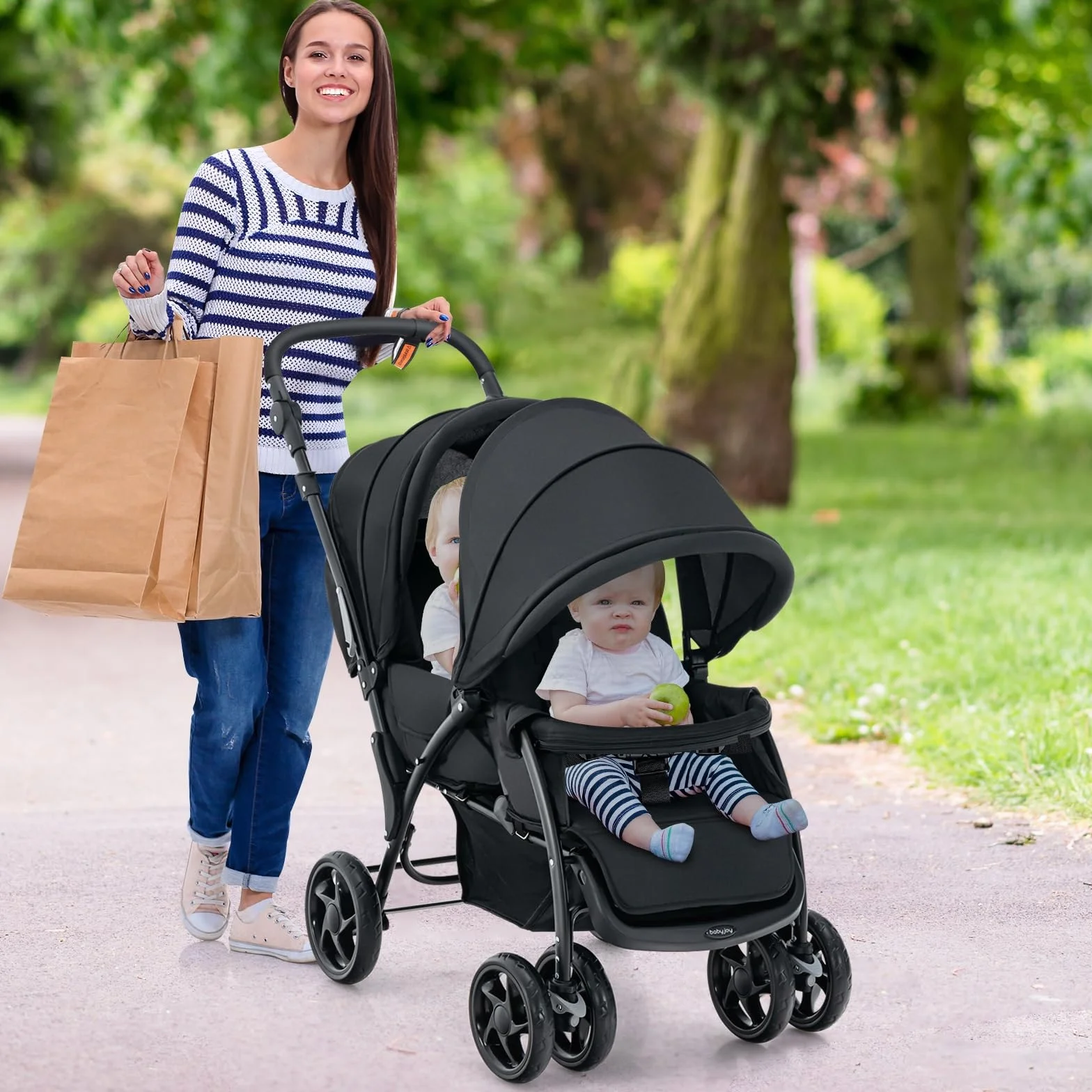 LIFEZEAL Passeggino Gemellare, Doppio, Carrozzina per Bambini, Passeggino da Viaggio, Leggero, Pieghevole, Compatto, Regolabile, Portatile, Reclinabile, Comodo, Max 30 kg, 123x57x95-110 cm (nero)
