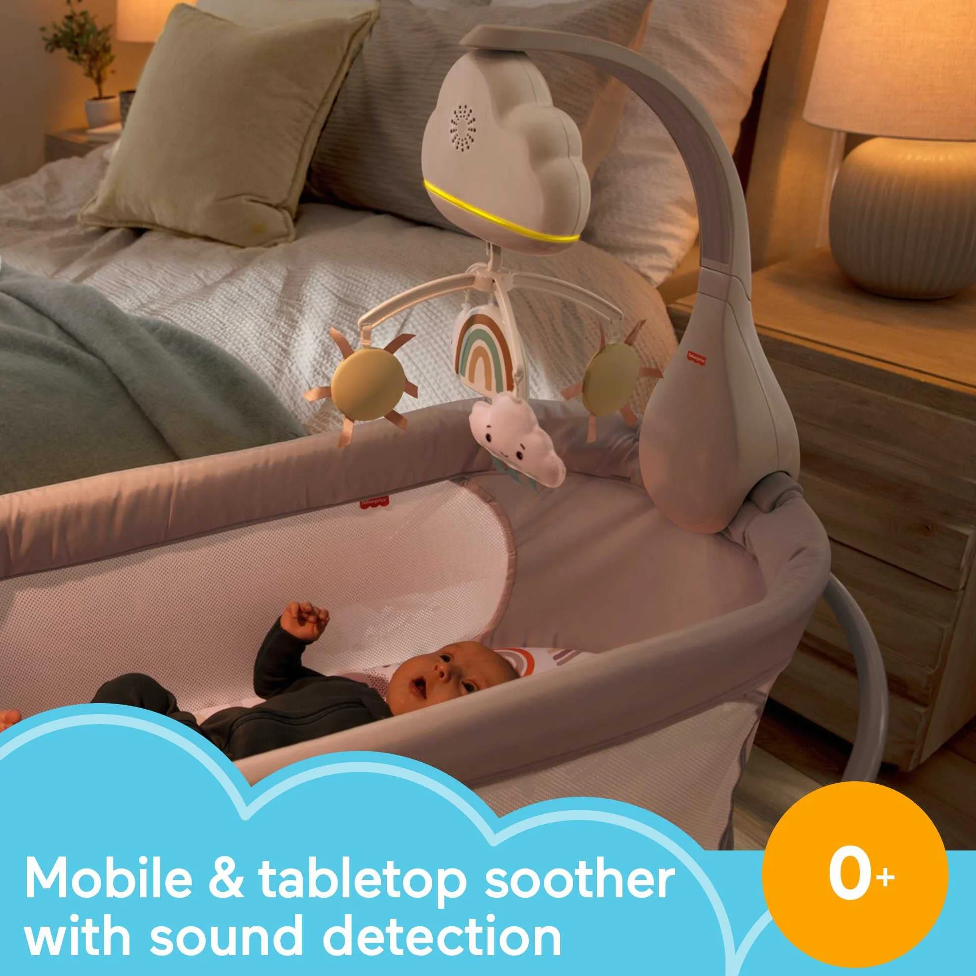 Fisher-Price-Giostrina Dolce Arcobaleno per Culla Fianco Letto, Unità Rilassante da Appoggio e Unità Sonora da Culla, Compatibile con le Culle, Giocattolo per Bambini 0+ Mesi, HBP40
