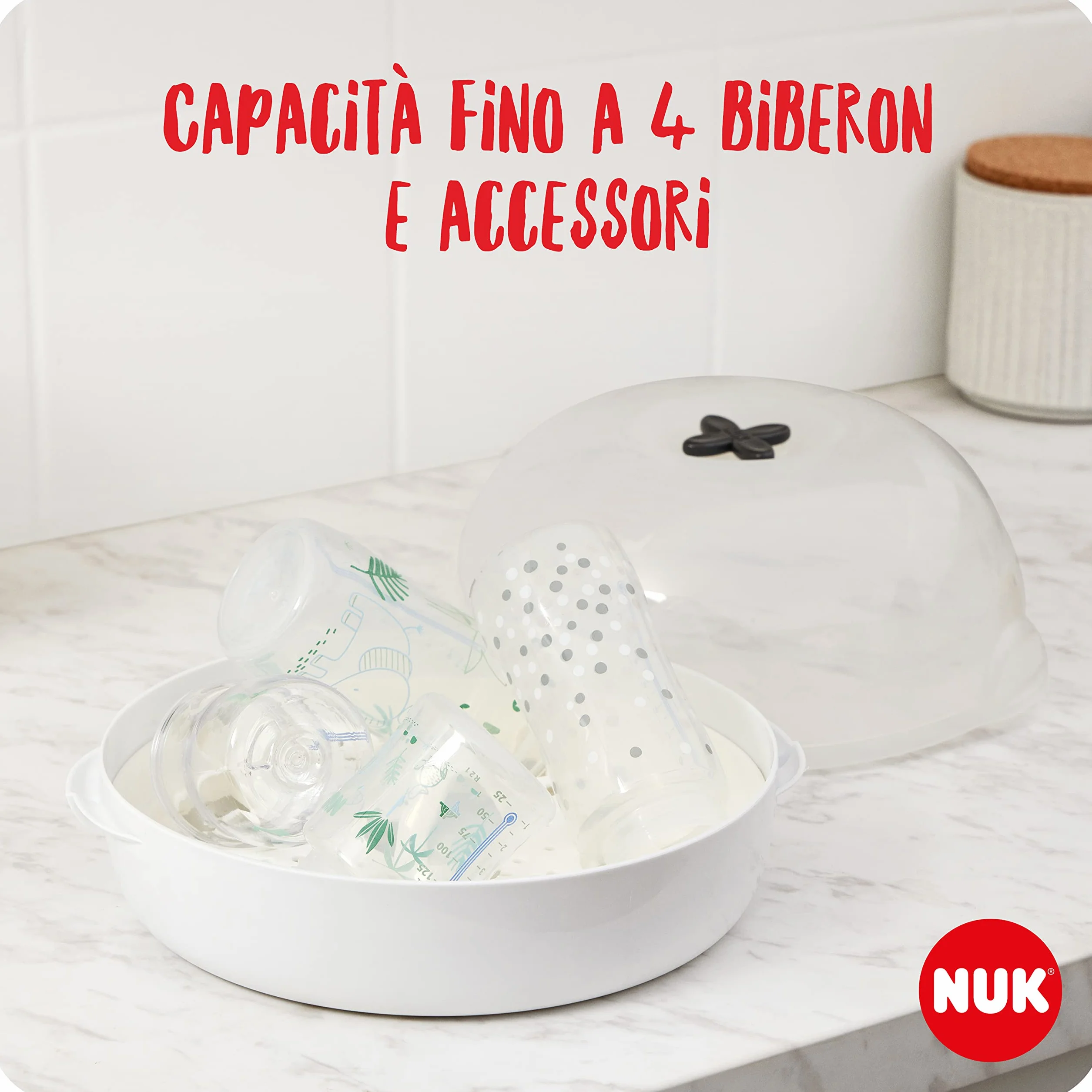 NUK Micro Express Plus sterilizzatore biberon per microonde | Sterilizza fino a 4 biberon e accessori in 4 minuti | Compatibile con gran parte dei microonde | Pinze per rimozione igienica