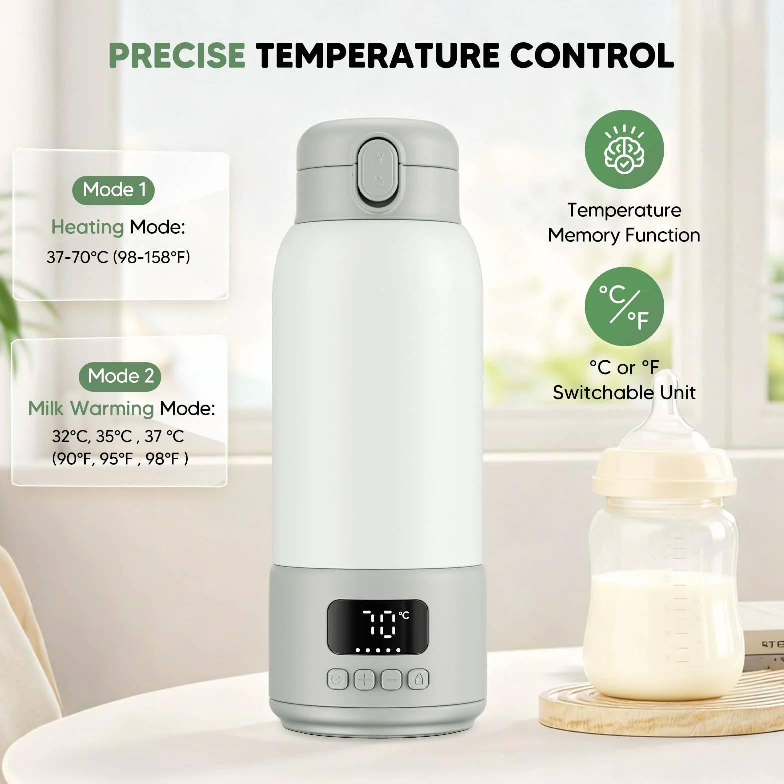 Scaldabiberon Portatile 100W – Riscaldatore Inox Isolato Sottovuoto, Accensione 80 Sec, 500ml, Batteria 16000mAh, 37-70°C Regolabile, 3 Modi Latte, Anti-Perdita – Viaggio e Casa