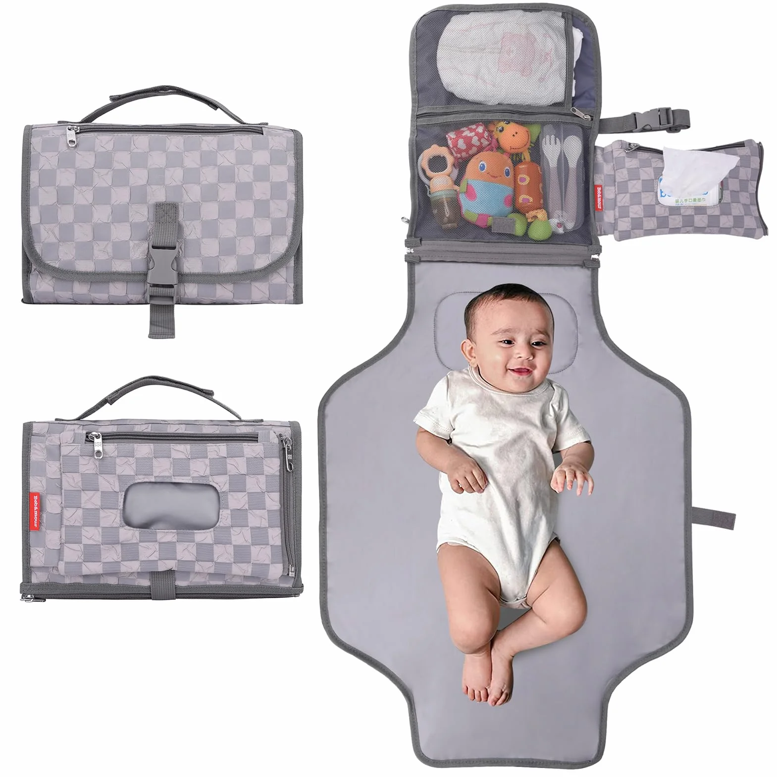 Bebamour Fasciatoio portatile con salviettine tascabili da viaggio con cuscino per la testa per neonati impermeabile pannolini fasciatoio essenziali per neonati,Khaki