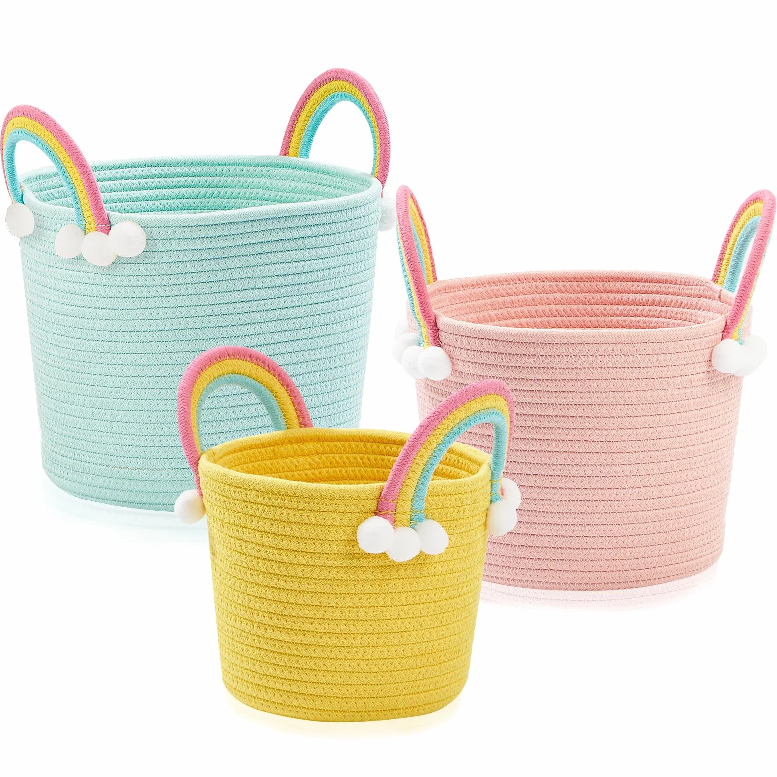 Cesto portaoggetti per bambini, per giocattoli, per vestiti, 3 pezzi, design floreale, tessuto morbido con manico, perfetto per organizzare l'asilo (cesto arcobaleno)