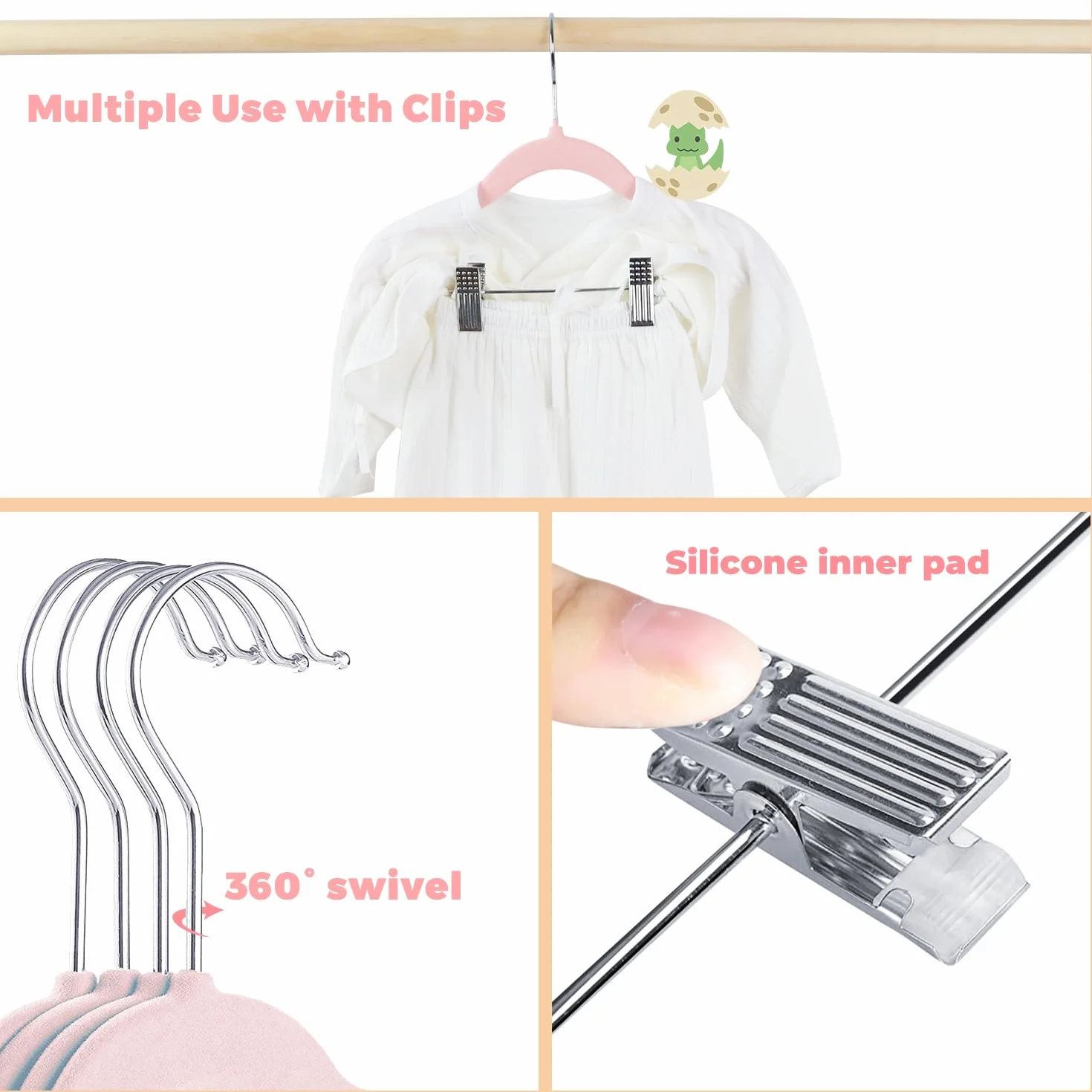 16 ganci per pantaloni con clip mobili,ganci in velluto per neonati,gancio girevole,antiscivolo,ganci per cappotti per bambini salvaspazio per gonne,pantaloni,abiti,giacche (30 cm,rosa)