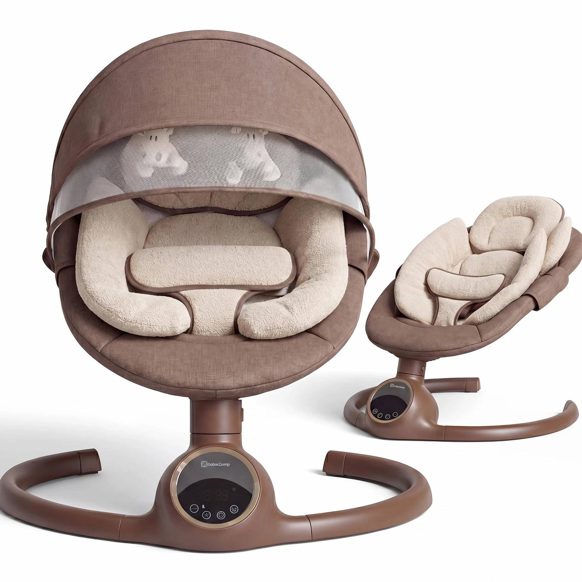 BEBE2LUXE ALPHA, Sdraietta dondolo automatico per neonato fino a 9 kg, Altalena Eletrica con Melodie, Telecomando, touch screen LED, Regolazione dello schienale, Timer, silenzioso (Cioccolato)