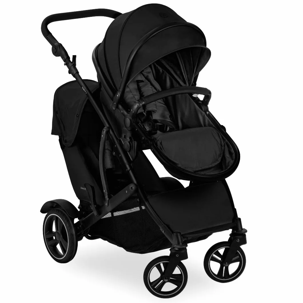 hauck Passeggino Gemellare Duett 4 - Passeggino Doppio per 2 Bambini, Fino a 36Kg, con Coprigambe e Parapioggia - Seduta Convertibile in Navicella Neonato - Nero