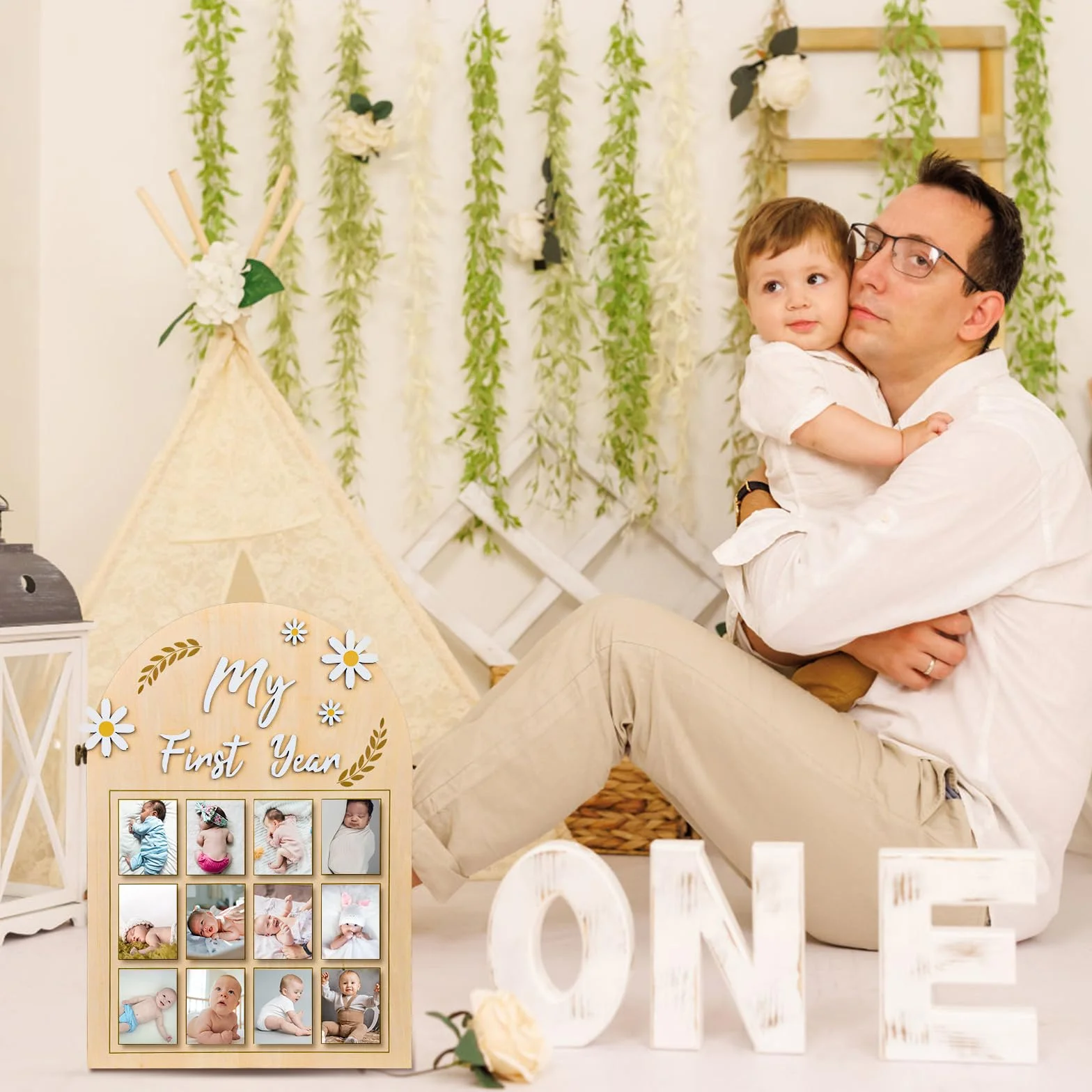 NQEUEPN Cornice per Foto Mio Primo Anno, Fiore Margherita 3D Espositore per Foto Primo Anno di Bambino Banner Fotografico Mensile su Tavola Legno 12 Mesi Regalo per Neonato Ricordi Primo Compleanno