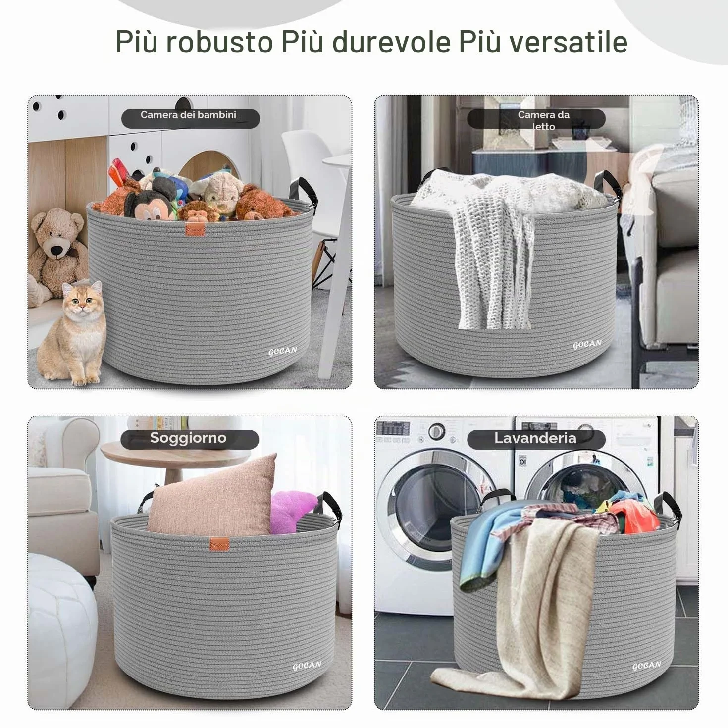 GOCAN XXXL Cesto Portaoggetti, Cesto Grande, Cesto per Biancheria in Corda di Cotone, Cesto per Biancheria per Coperte, Cuscini nel Soggiorno, Vestiti Giocattoli nella Cameretta dei Bambini, grigio