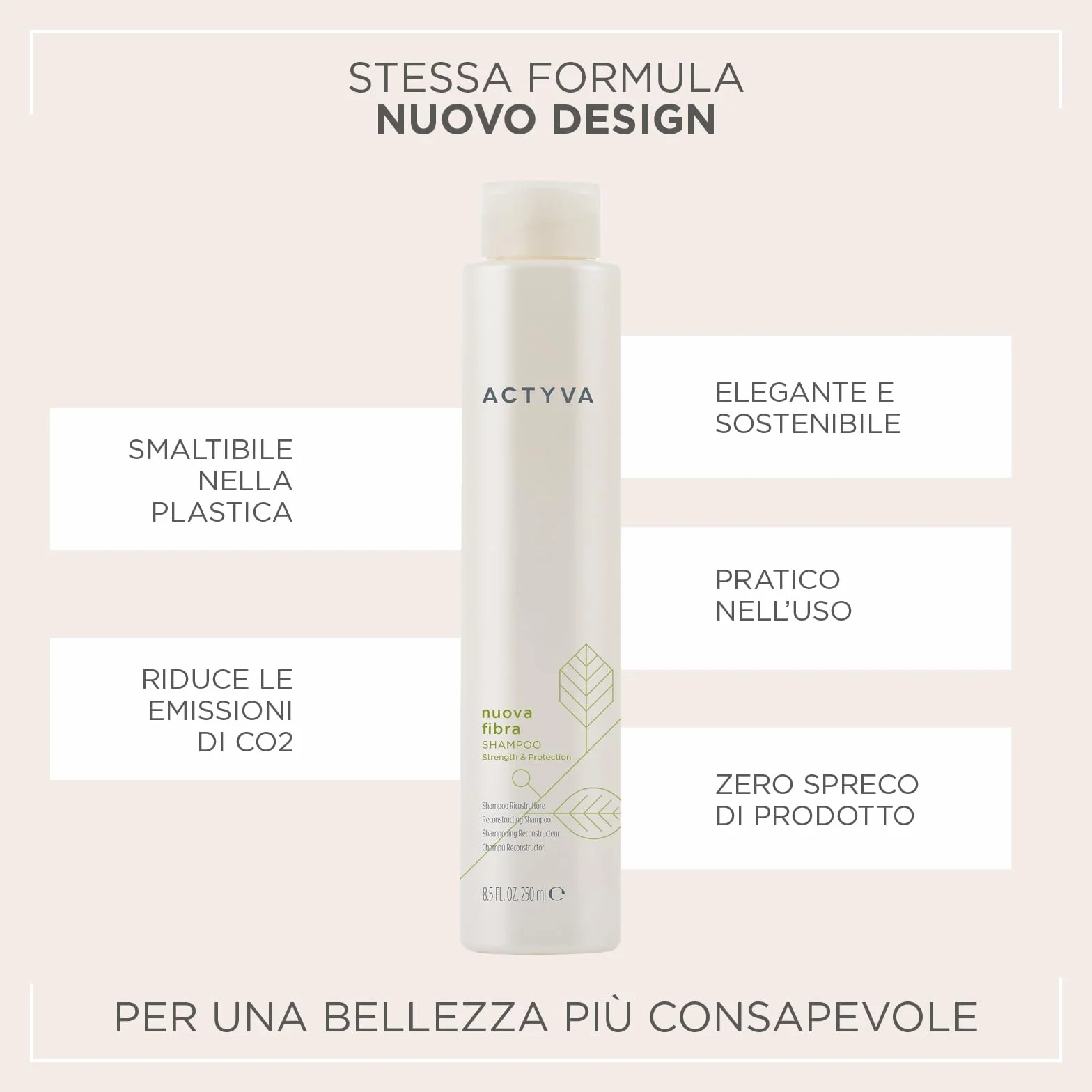 Actyva - Nuova Fibra Shampoo, ad Azione Ristrutturante per Capelli Sfibrati o Danneggiati con Amaranto e Alga Rossa - 250 ml