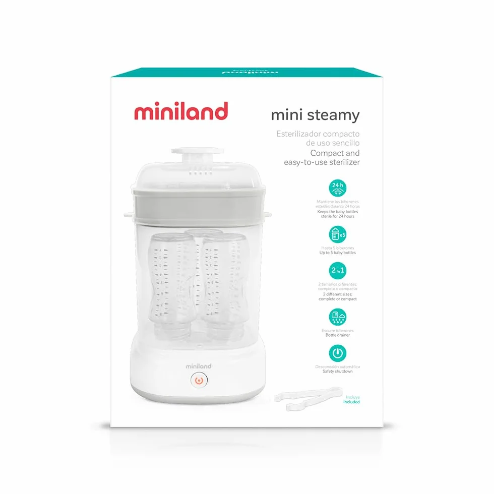 Miniland - Mini Steamy Sterilizzatore Vapore Bianco Grande Capacità, Sterilizzazione Naturale Senza Prodotti Chimici, Lavabile in Lavastoviglie, Segnale Visivo e Spegnimento Automatico