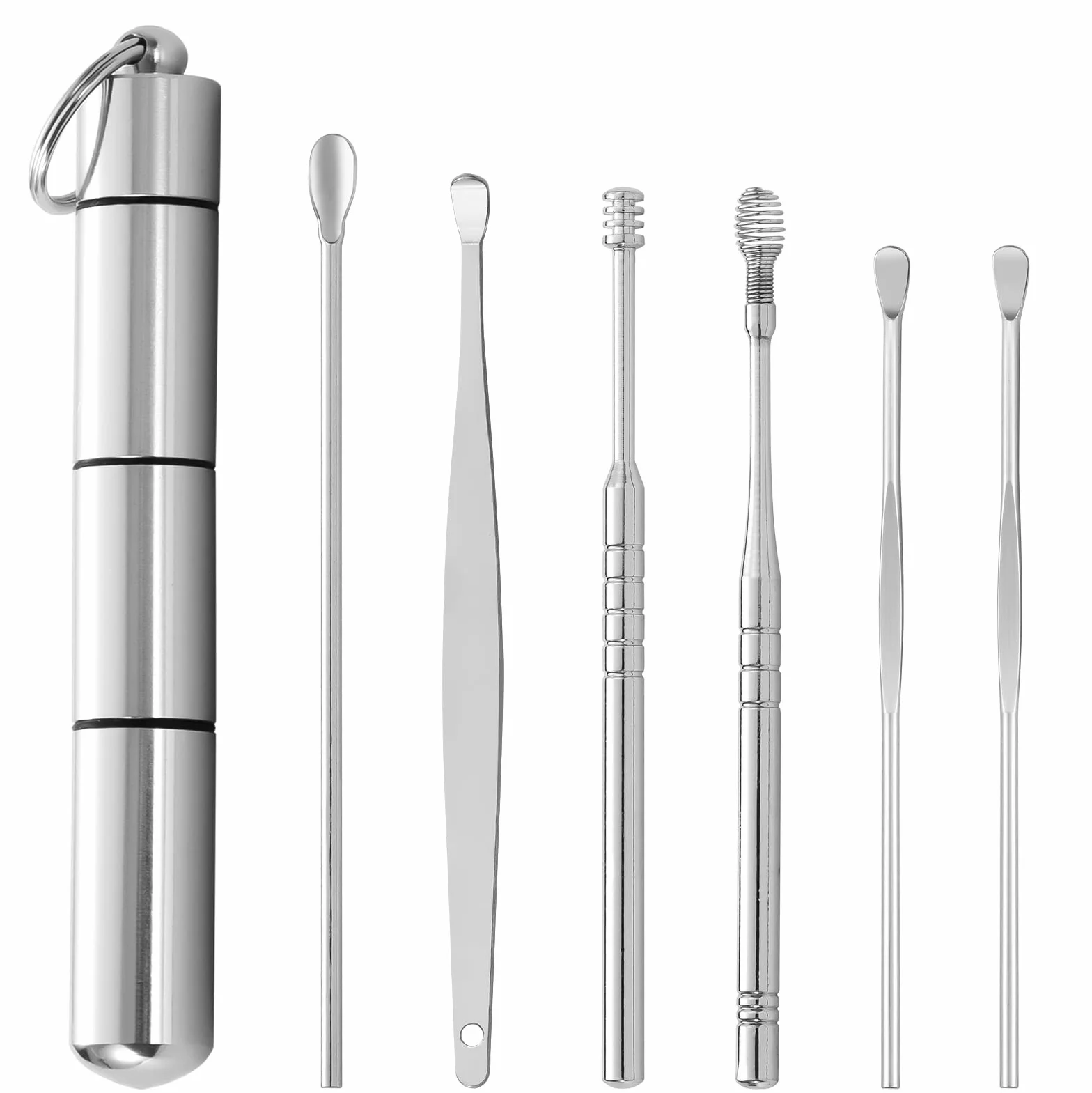 Cucchiaio per Orecchie Kit di Rimozione del Cerume Pulisci Orecchie in Acciaio Inossidabile con Scatola Portatile Argento 6 Pezzi