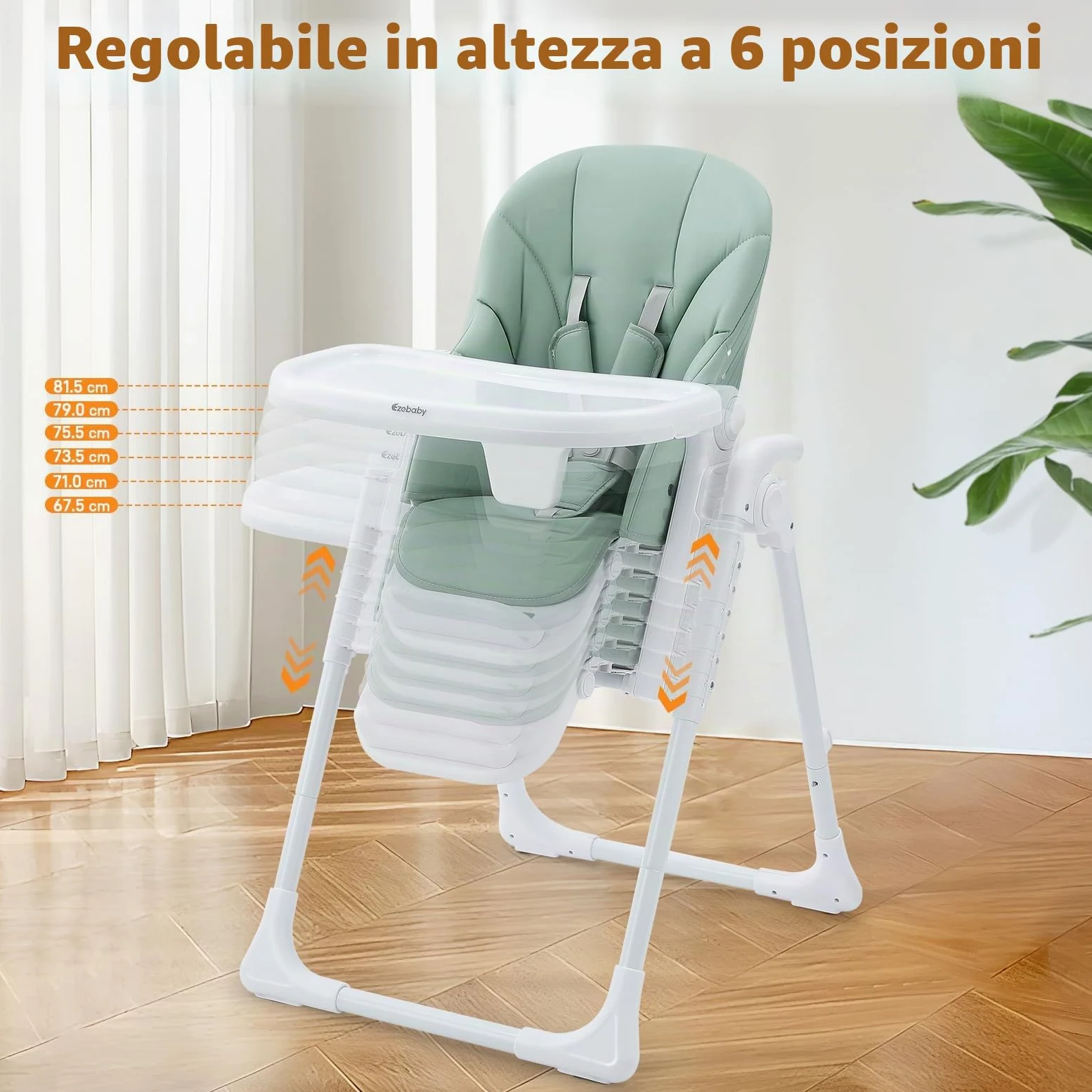 Ezebaby Seggiolone Bambini Ergonomico, Confortevole, Reclinabile, Pieghevole, con Altezza Regolabile e Poggiapiedi, Vassoio Staccabile con Ruote e Cintura di Sicurezza a 5 Punti Verde | 7 altezze, schienale reclinabile, doppio vassoio, cintura a 5 punti,