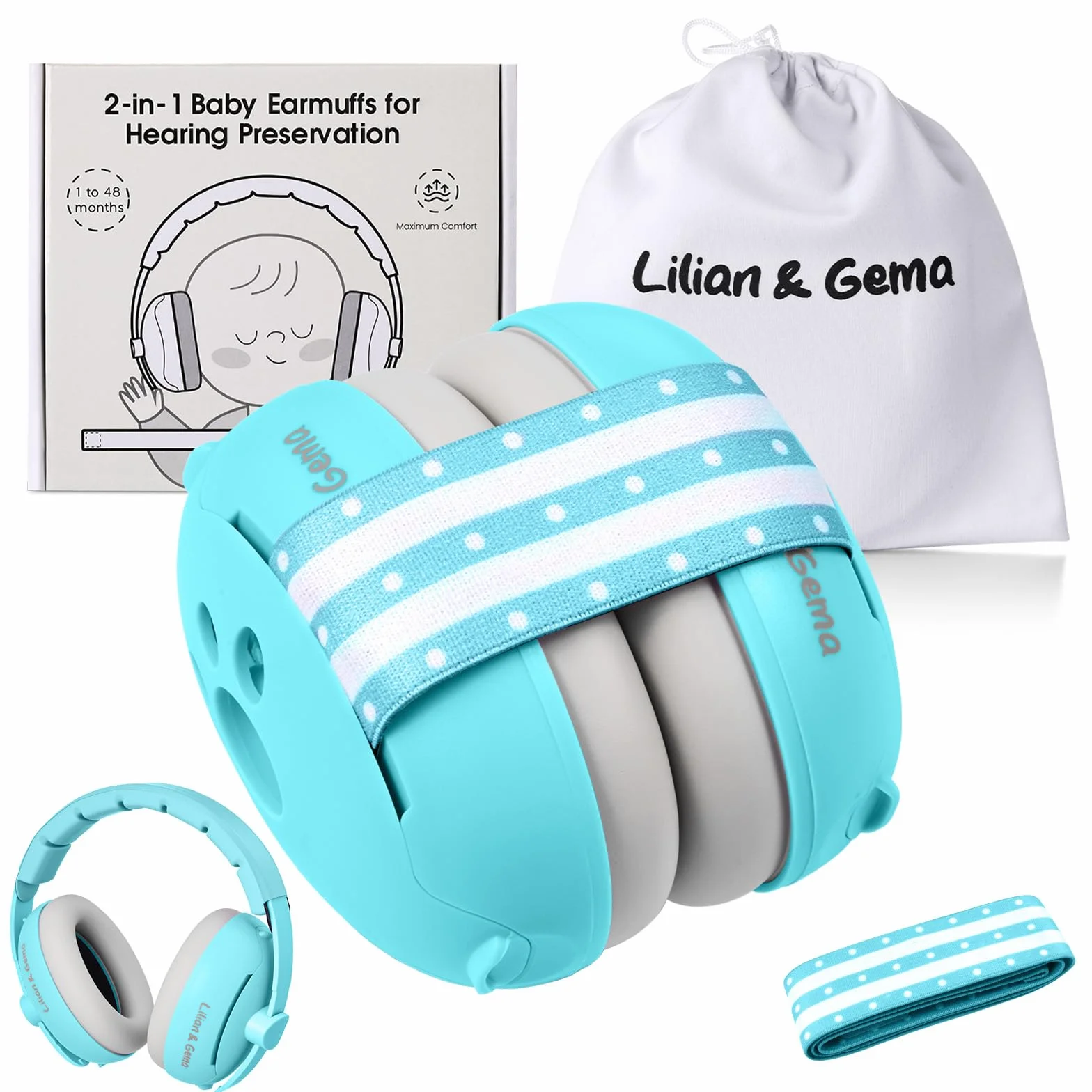 Lilian&Gema 2 in 1 Cuffie Neonato Antirumore -25dB,Protettori acustici per neonati, archetto regolabile, antiscivolo e antistress, protezione acustica ideale per neonati fino a 48 mesi