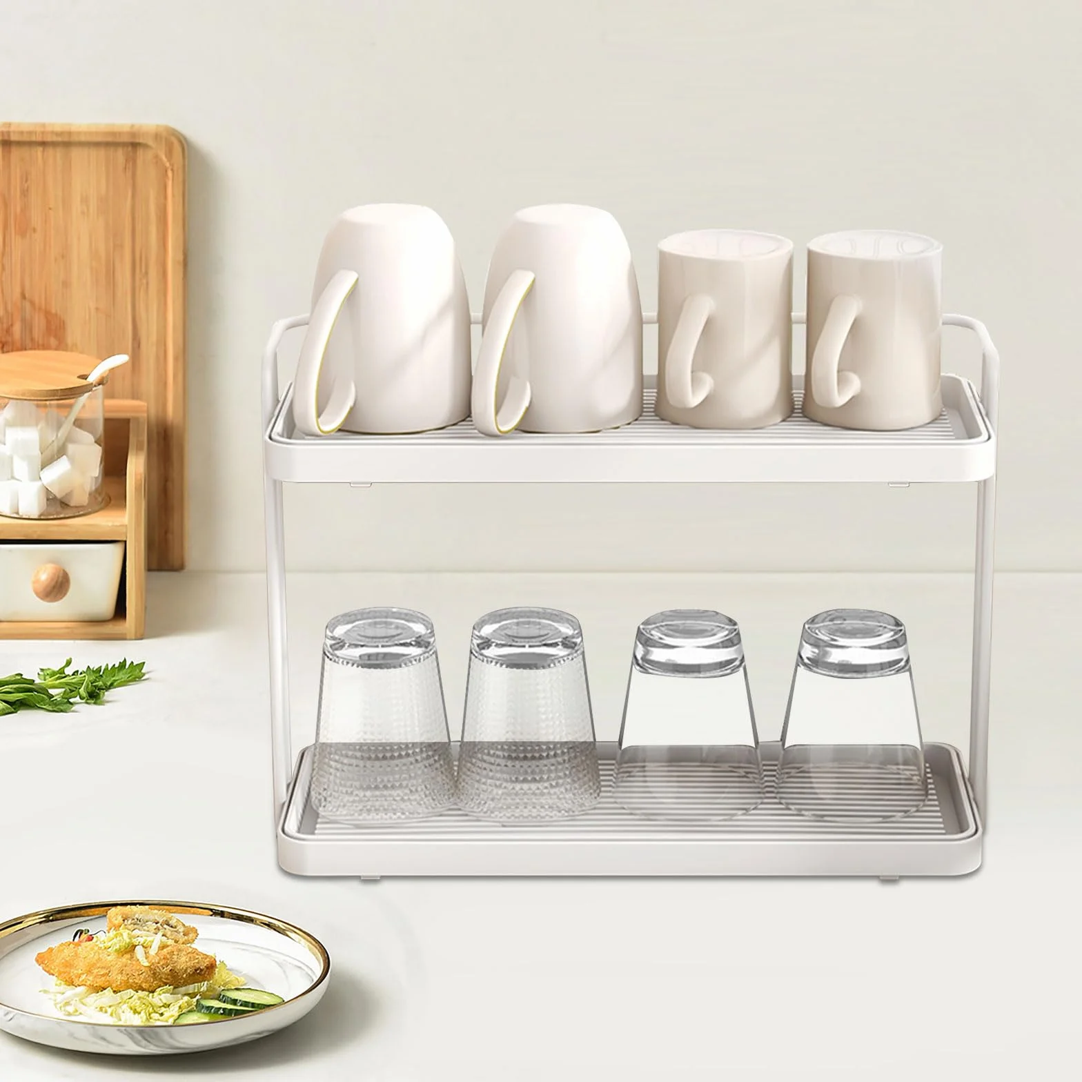 2 Strati Scolabottiglie, con Vassoio Antigoccia, Porta Tazzine da Caffè, Organizer per Piano di Lavoro Della Cucina, Scolapiatti per Biberon, per Bottiglie, Bicchieri e Tazze