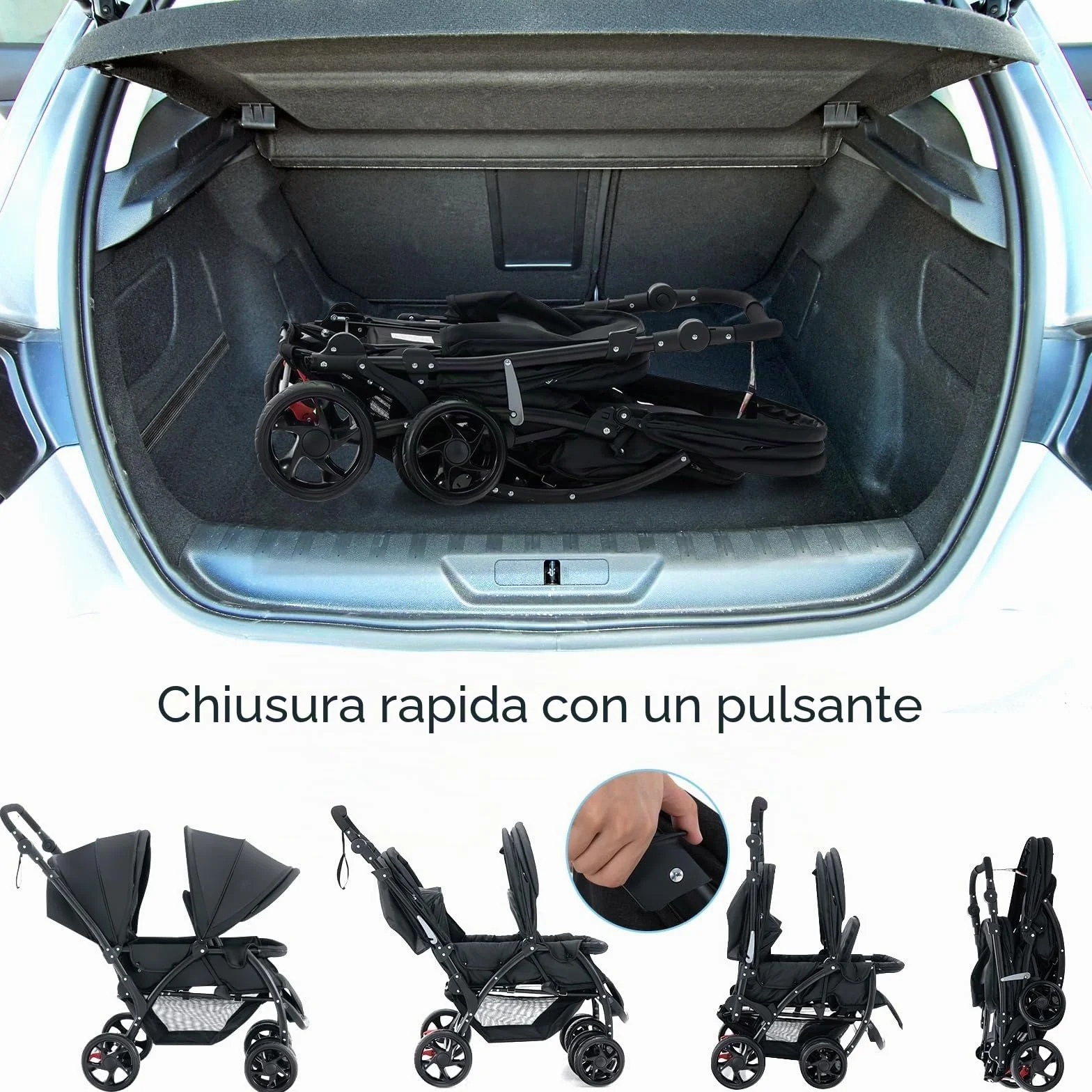 LIFEZEAL Passeggino Gemellare, Doppio, Carrozzina per Bambini, Passeggino da Viaggio, Leggero, Pieghevole, Compatto, Regolabile, Portatile, Reclinabile, Comodo, Max 30 kg, 123x57x95-110 cm (nero)