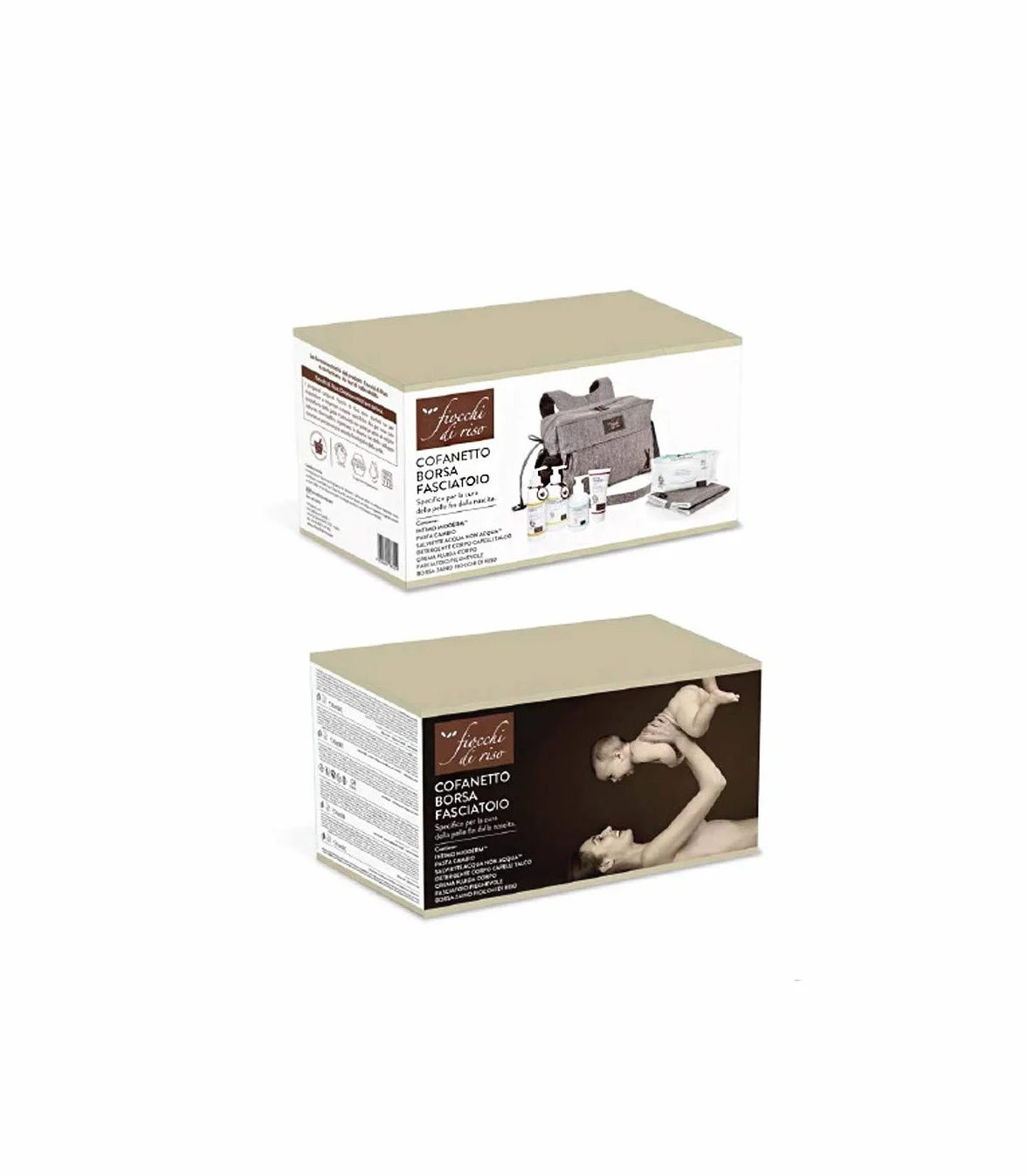 Fiocchi di Riso - COFANETTO BORSA FASCIATOIO - Kit fasciatoio neonati: Salviette Acqua NON Acqua, Pasta Cambio, Crema Fluida Corpo, Detergente Intimo Mioderm e Detergente Corpo e Capelli Talco.