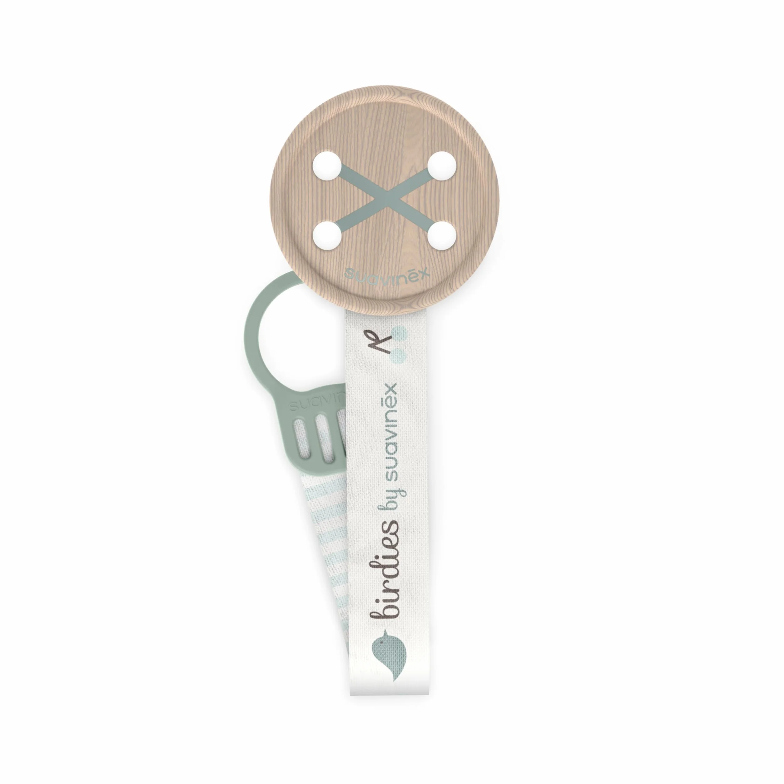 Suavinex, Portaciuccio in Tela per Neonati, Nastro con Decoro su due lati, Catena Ciuccio Neonato, Clip con Pinza. Per bambini +0 mesi, adatto per neonati, Birdies, verde