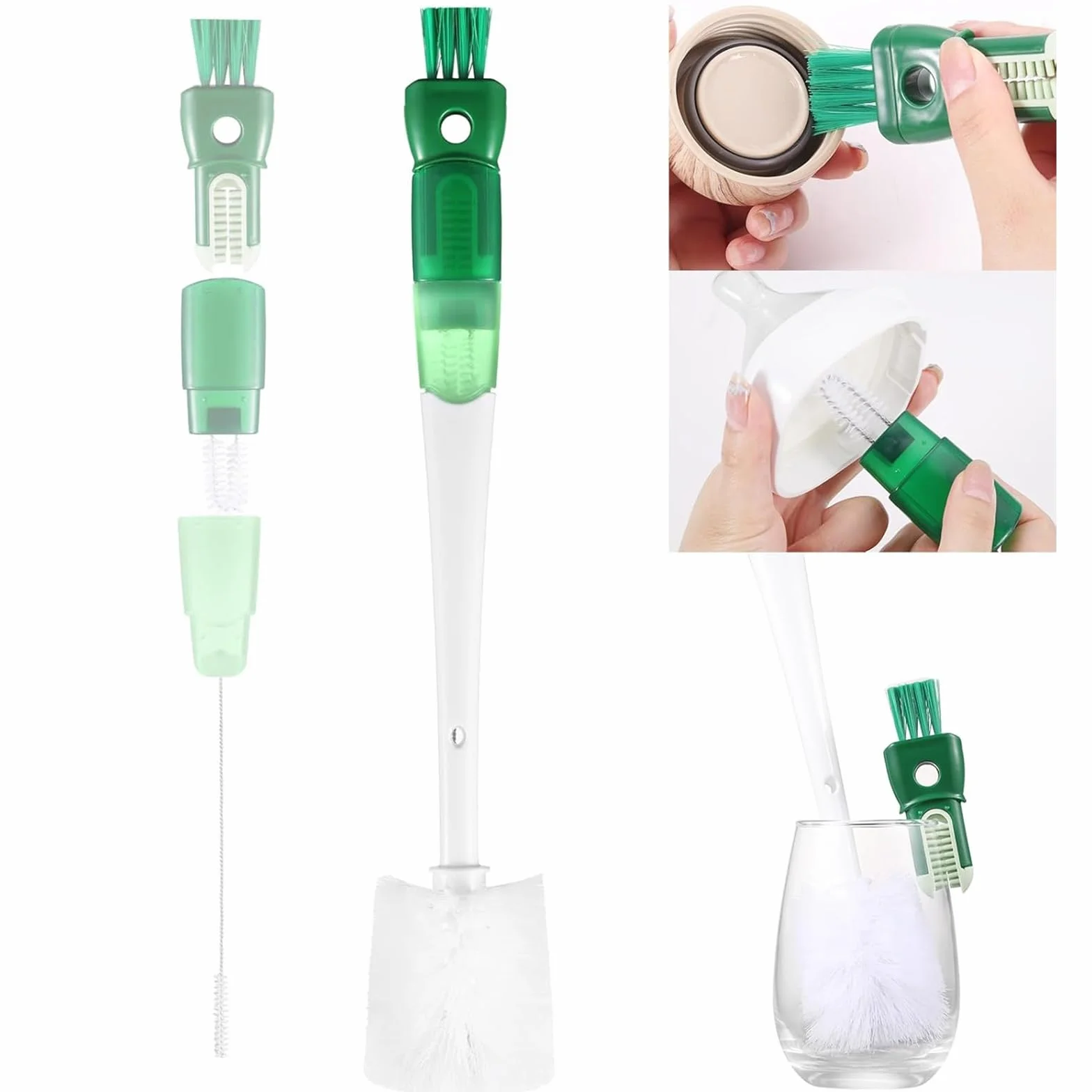 Spazzola per Pulizia Bottiglia D'acqua Multifunzionale 5 in 1 Spazzola per Biberon Spazzola a Manico Lungo con 5 Testine Set Spazzole per Pulizia per Biberon,Bottiglie Termiche,Cannucce (Verde)