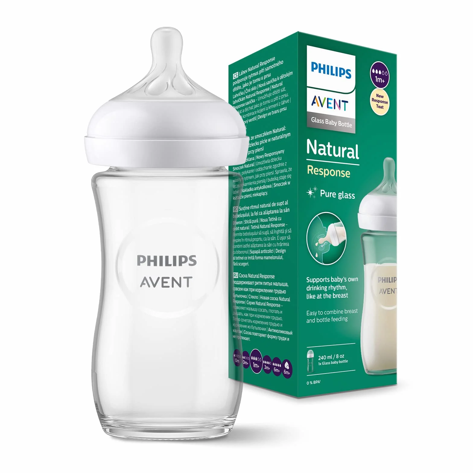 Philips Avent, 2 flaconi in vetro naturale con ciuccio reattivo, 240 ml, (modello SCY933/01)