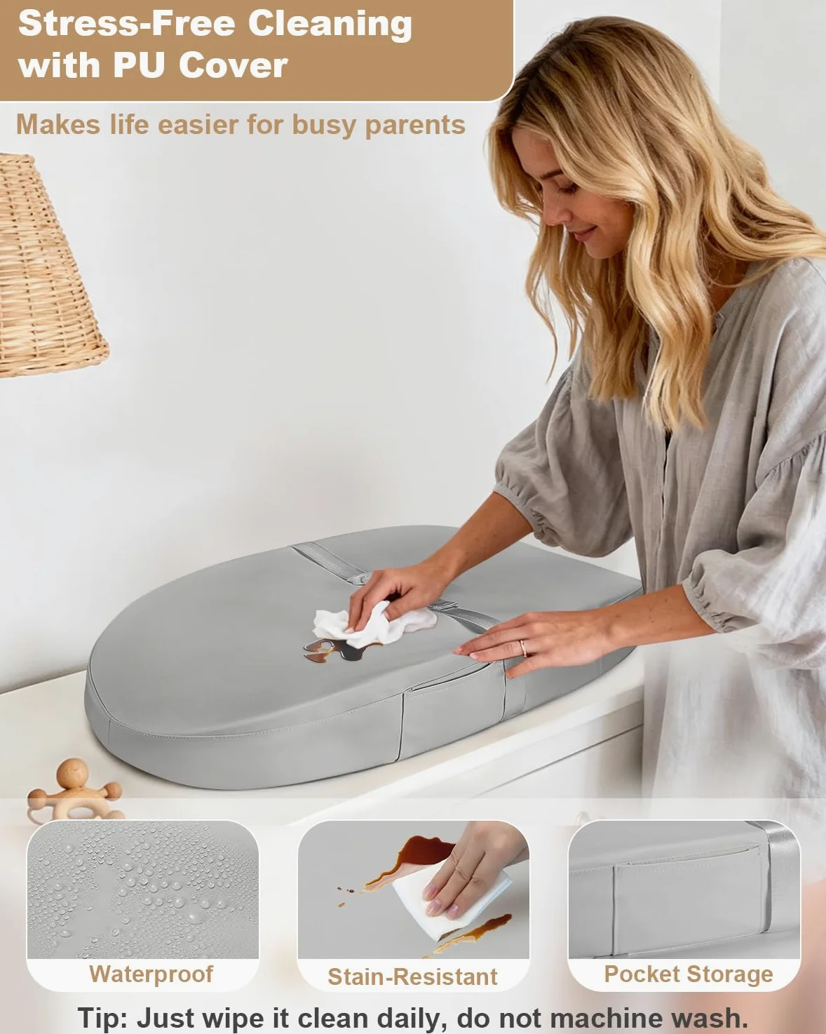 Fasciatoio con copertura in poliuretano lavabile e impermeabile, 80 x 40 x 10 cm, tappetino fasciatoio per comò con cintura di sicurezza anti-rotolamento e antiscivolo, portatile, leggero