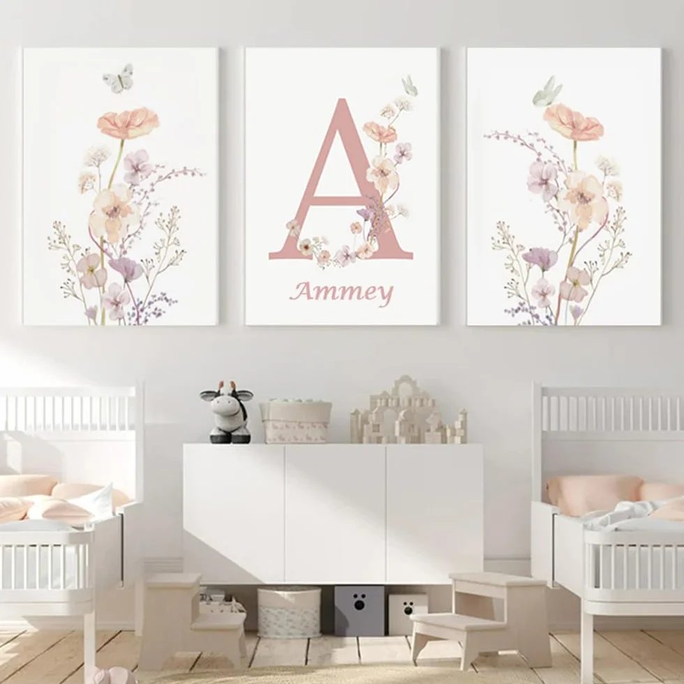 Youihom 3 Quadri Bambini Nome Stampe Cameretta Bimba Floreali Rosa 30 x 40 Quadretti Personalizzati Bimba Poster Camera Neonato Tela senza Cornice