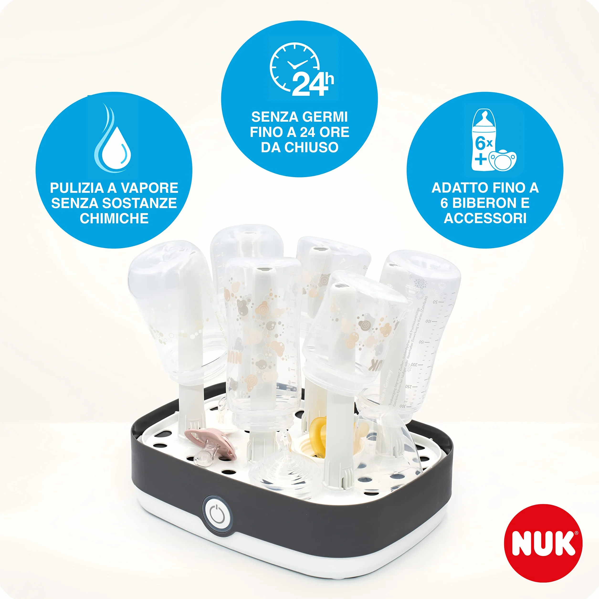 NUK Vario Express sterilizzatore biberon | Sterilizza a vapore fino a 6 biberon e accessori in 6 minuti | Spegnimento automatico | Cestello e astine removibili | Spina europea a 2 poli