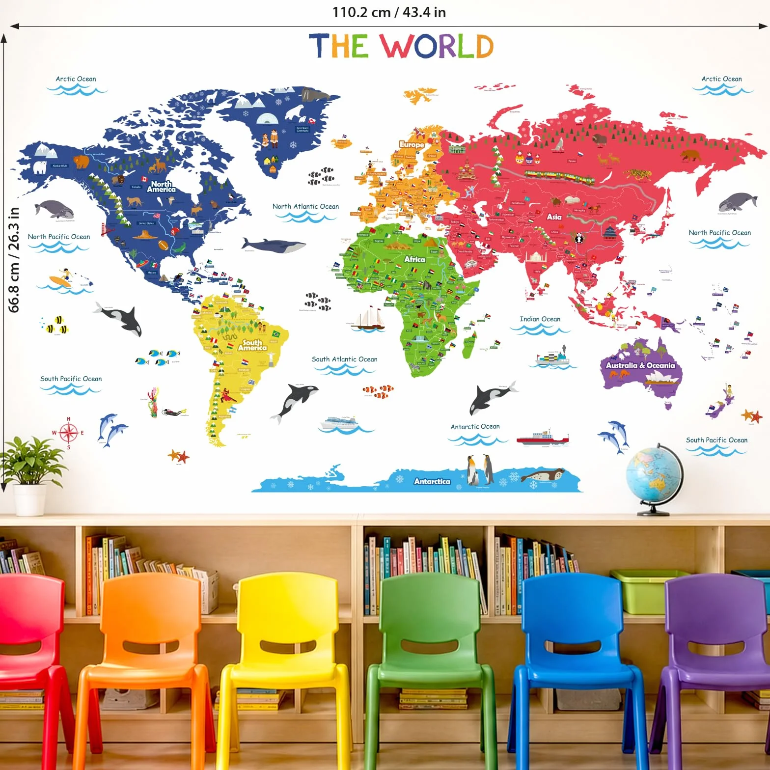 DECOWALL Mappa del Mondo Adesivo da Parete – Adesivo Removibile per Bambini, Decorazione Educativa per Camera da Letto, Stanza dei Bambini e Soggiorno (SG2-115)