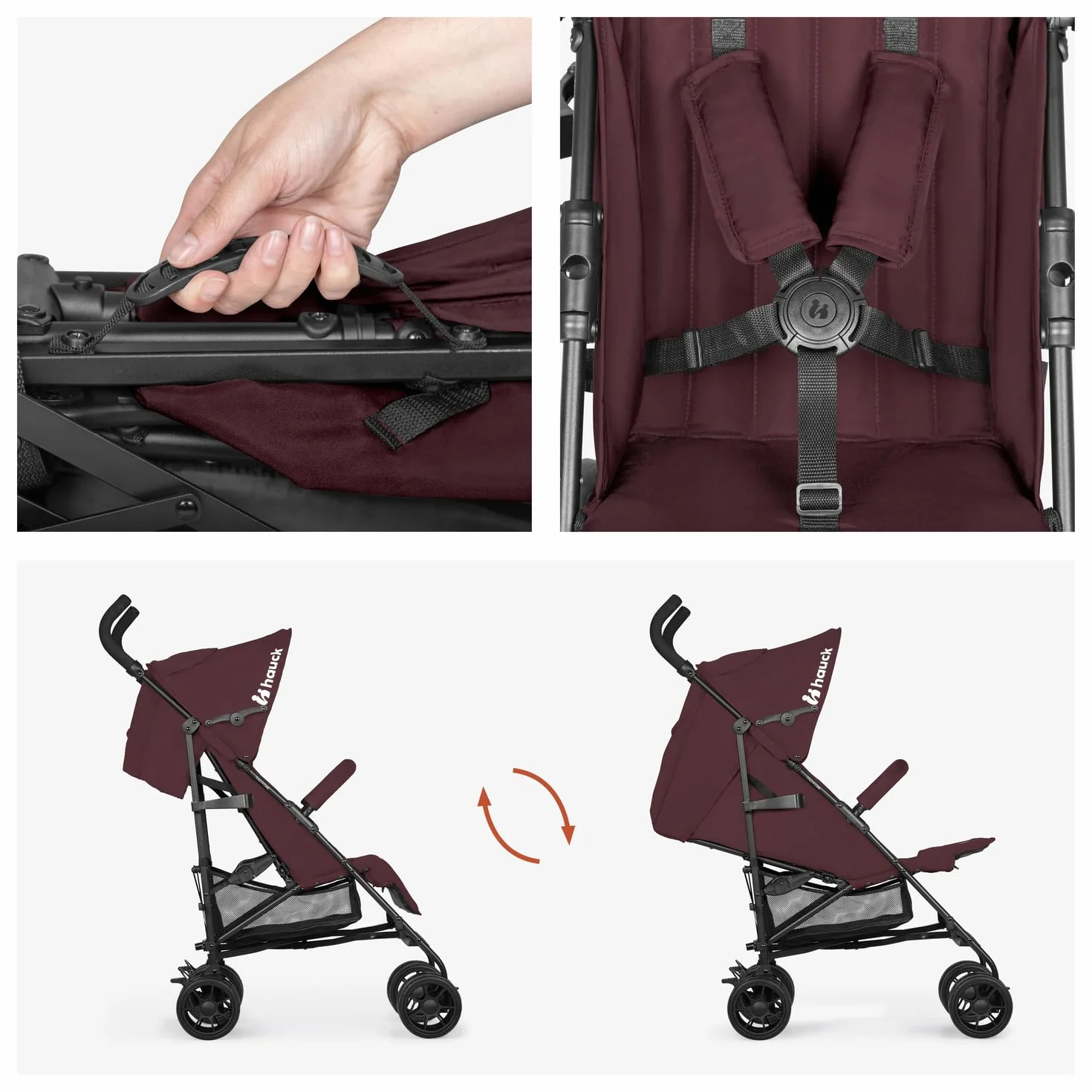 hauck Fold N Care, Blackberry - Passeggino a Ombrello per Bambini da 6 Mesi fino a 22 kg, Pieghevole e Leggero (7,6 kg), Schienale Reclinabile, Cappottina UPF 50+, Cesto XL, Ruote EVA Piroettanti