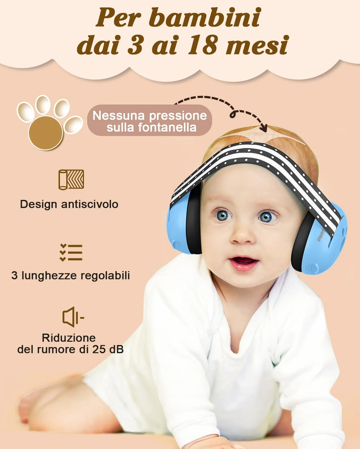 Generico 2 in 1 Cuffie Neonato Antirumore -25dB,Protettori acustici per neonati, archetto regolabile, antiscivolo e antistress, protezione acustica ideale per neonati fino a 48 mesi