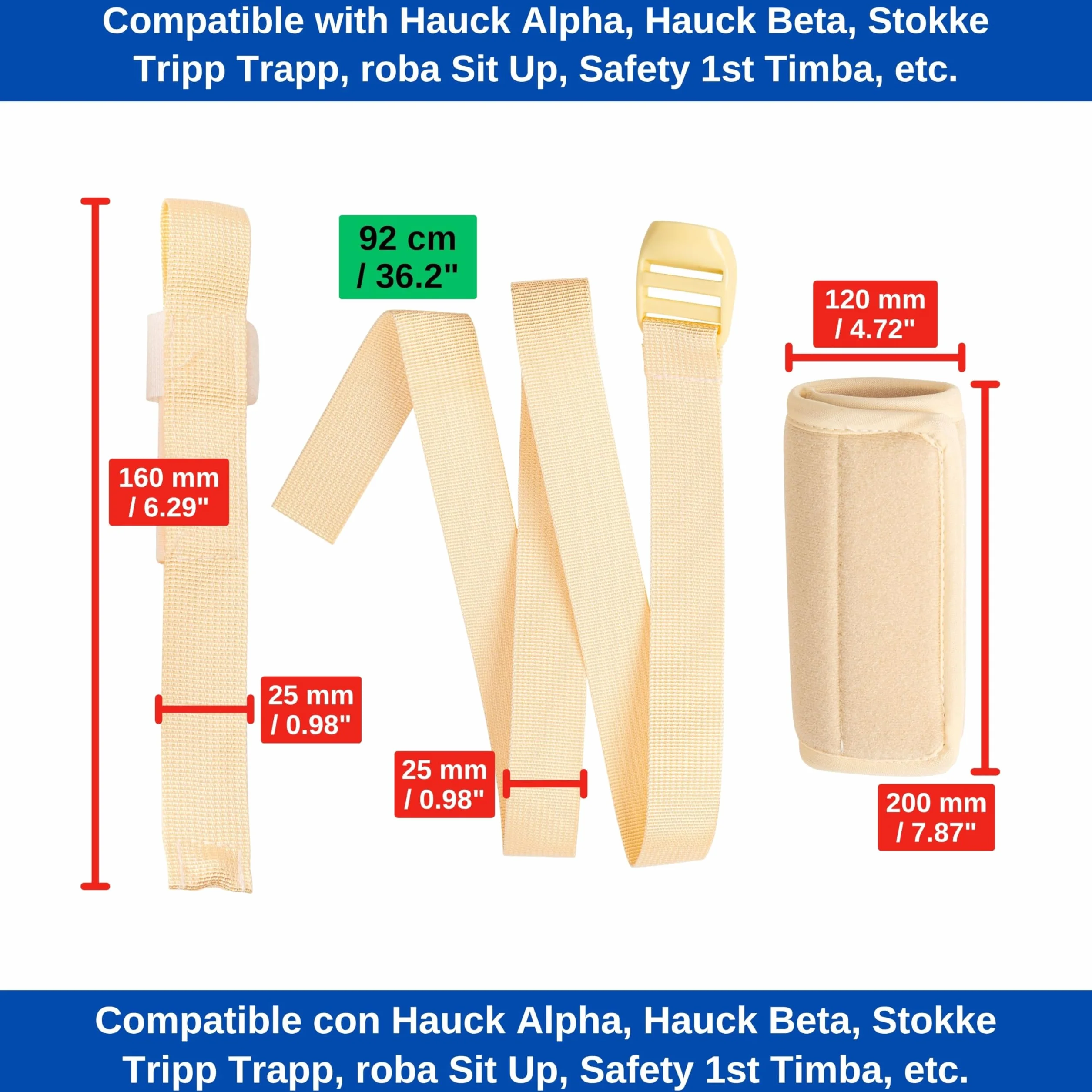 Set cintura inguinale con protezione cintura per seggiolone, confezione da 3, in beige, due cinture compatibili con Hauck Alpha Beta, Stokke Tripp Trapp, roba, Kinderkraft, ecc.