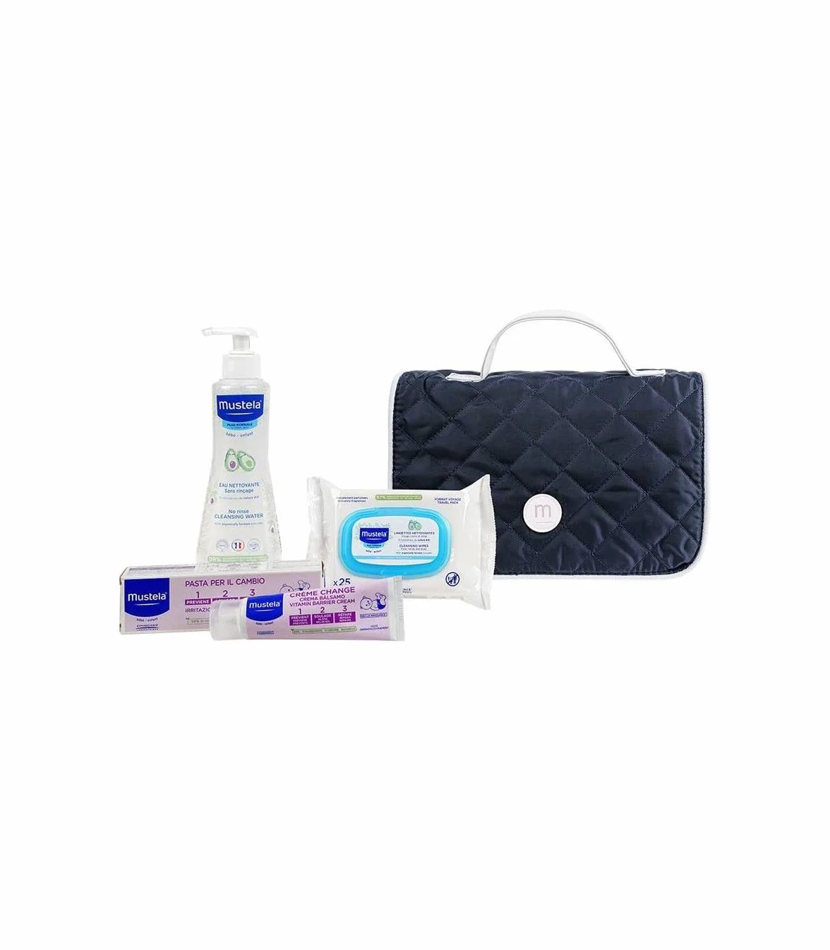 Mustela Vanity Set - Borsa Cambio Neonato Blu - All'interno 3 Prodotti Mustela Per La Cura Del Bambino + omaggio Portachiavi Lumacare Cosmetics