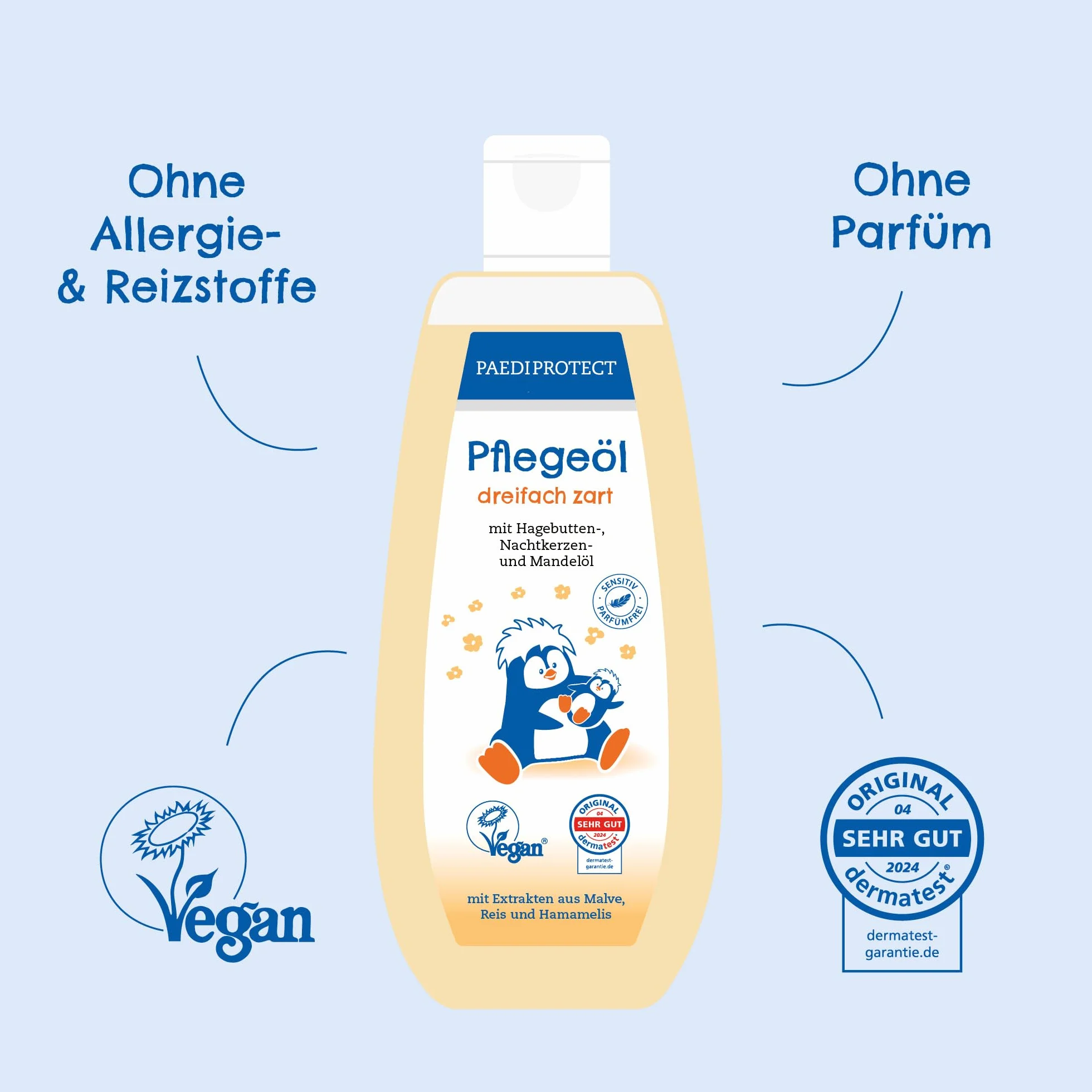 PAEDIPROTECT Olio per la cura di neonati e bambini 200 ml, olio per bambini con olio di mandorle per pelli giovani, olio per il corpo per la cura delicata della pelle e pulizia nella zona del