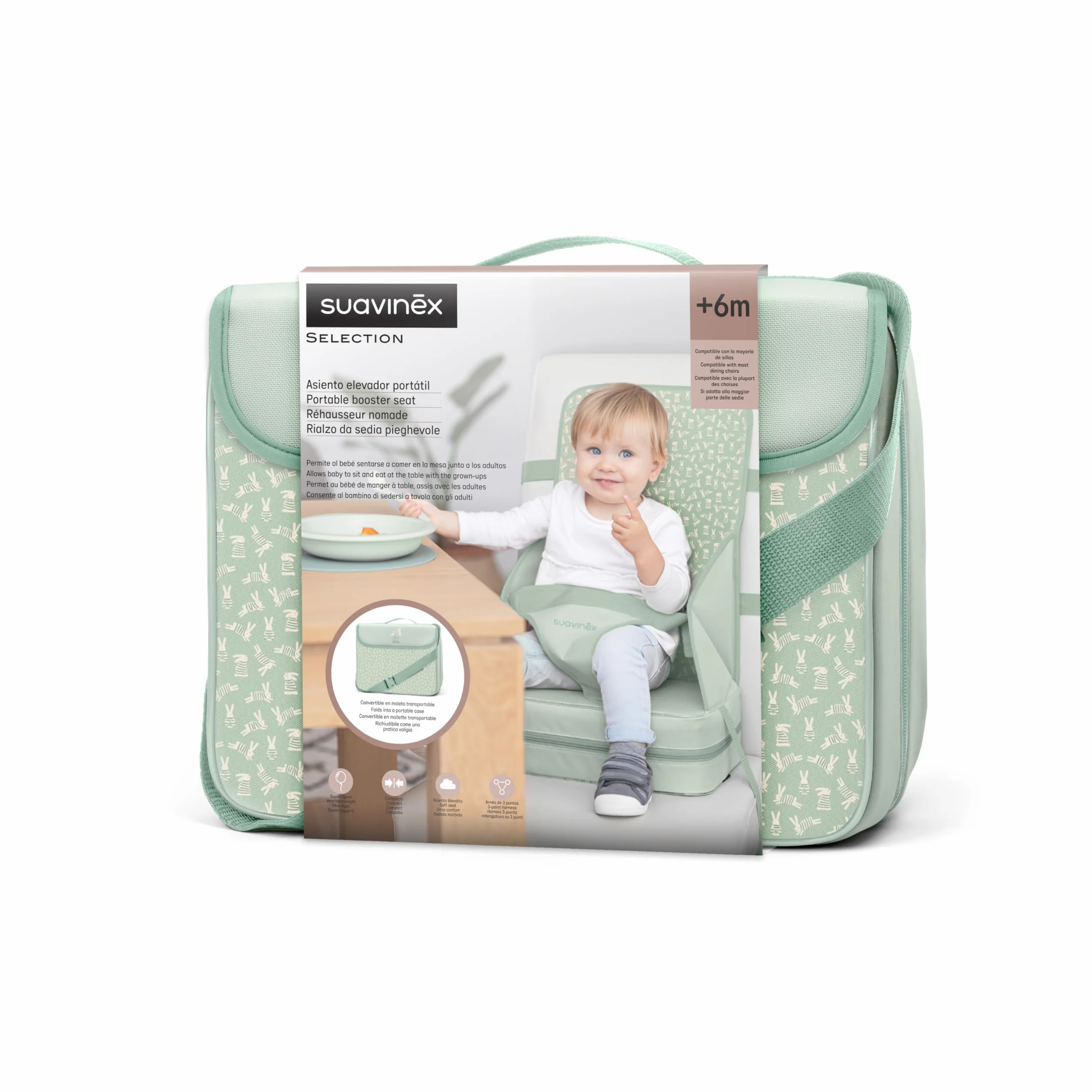 Suavinex, seggiolone portatile per bambini +6 mesi, rialzo per seggiolone, seggiolone universale trasformabile in borsa, facile da pulire, leggero, con imbracatura, morbido e con schienale, verde