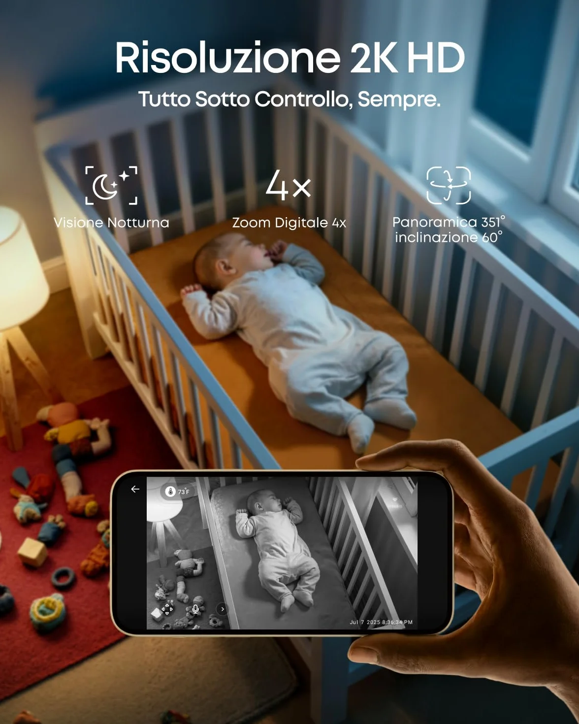 eufy Security C10: Monitor 2K, LCD 4,5" 480p, Zoom x4, Pan/Tilt, Notte. Ibrido senza Wi-Fi, 12h batt. Rileva moto, pianto, rumori, temp. Audio 2-vie, VOX.
