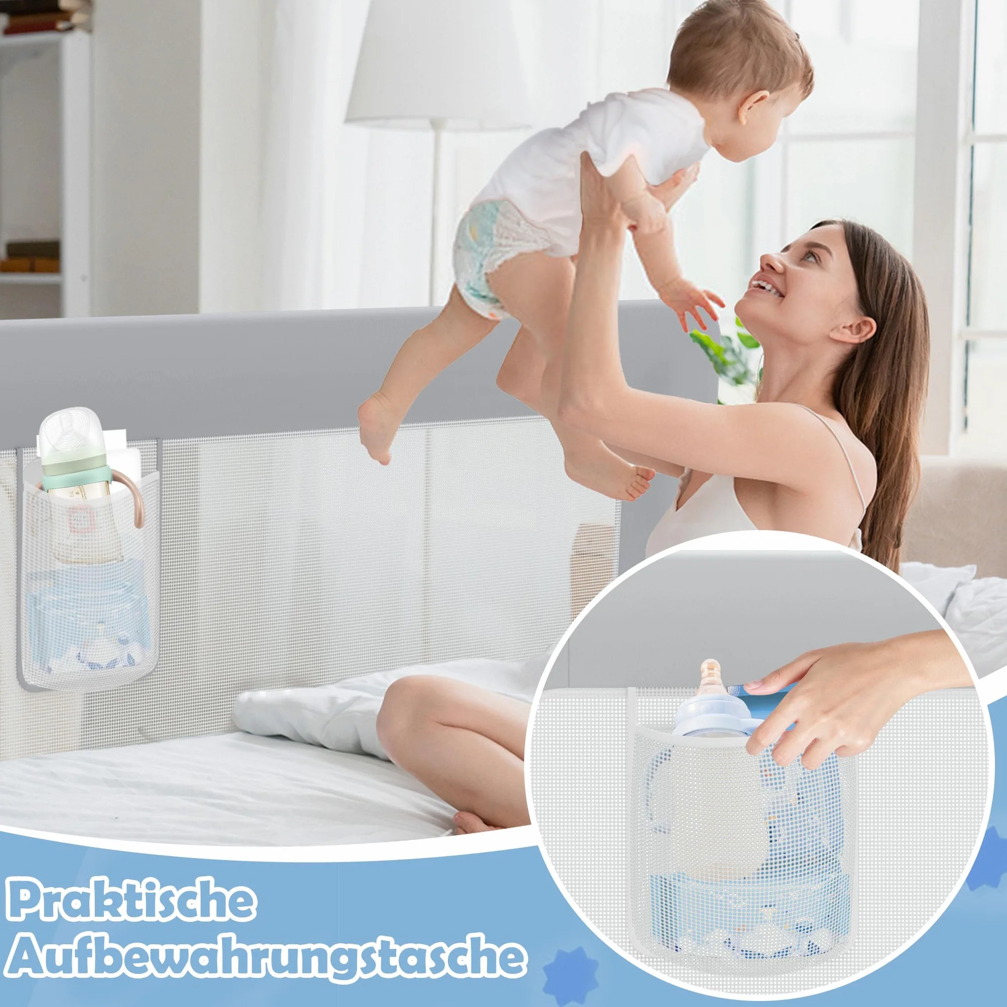 LZQ Zanzariera per letto per bambini, pieghevole, protezione contro le cadute, protezione dal letto, per bambini, protezione contro le cadute (grigio chiaro, 180 cm)