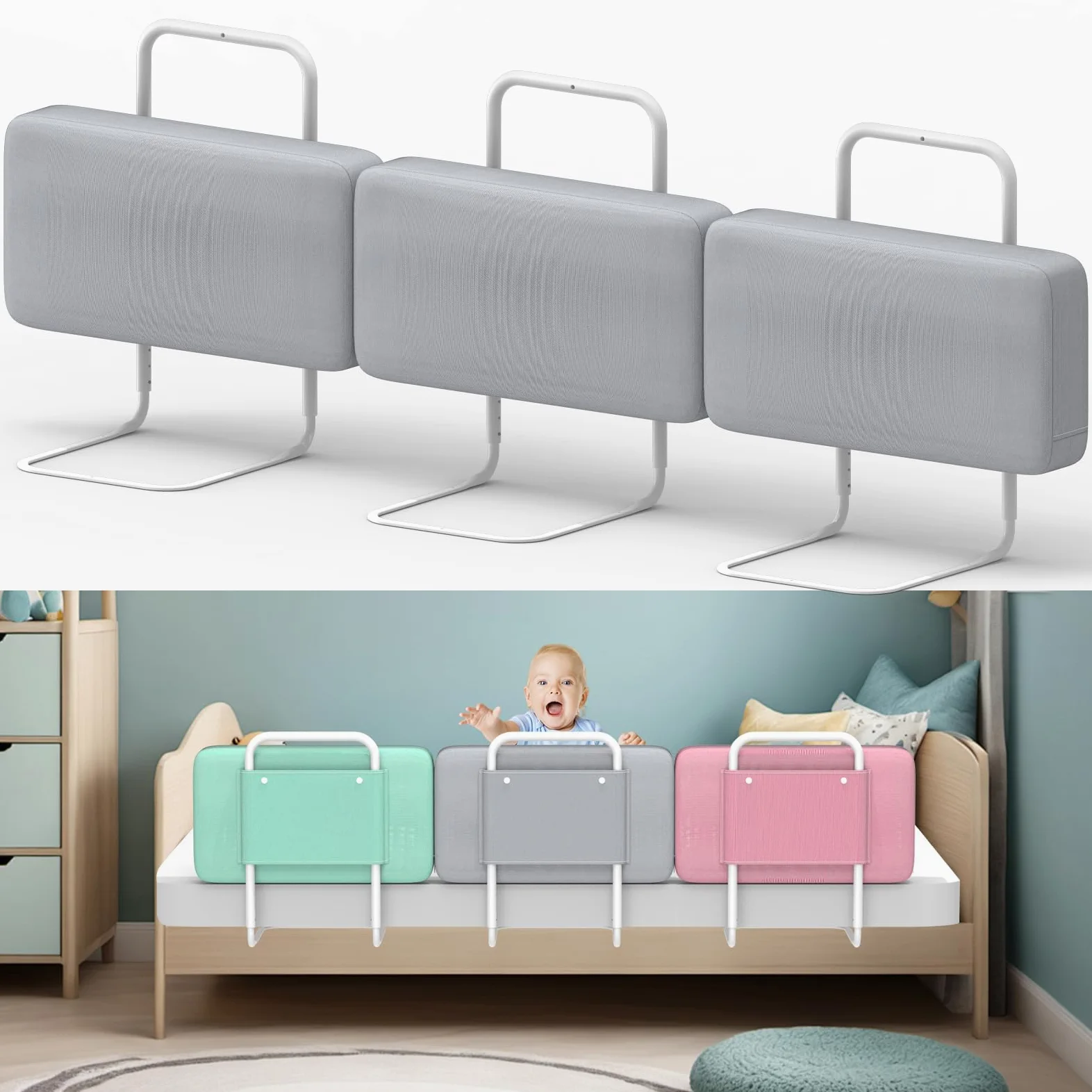 Sponde per letto bambini – Barriera letto sicurezza per bambini, protezione per letto matrimoniale e lettino, altezza regolabile 40-60 cm, rimovibile, portatile, grigio, 60cm