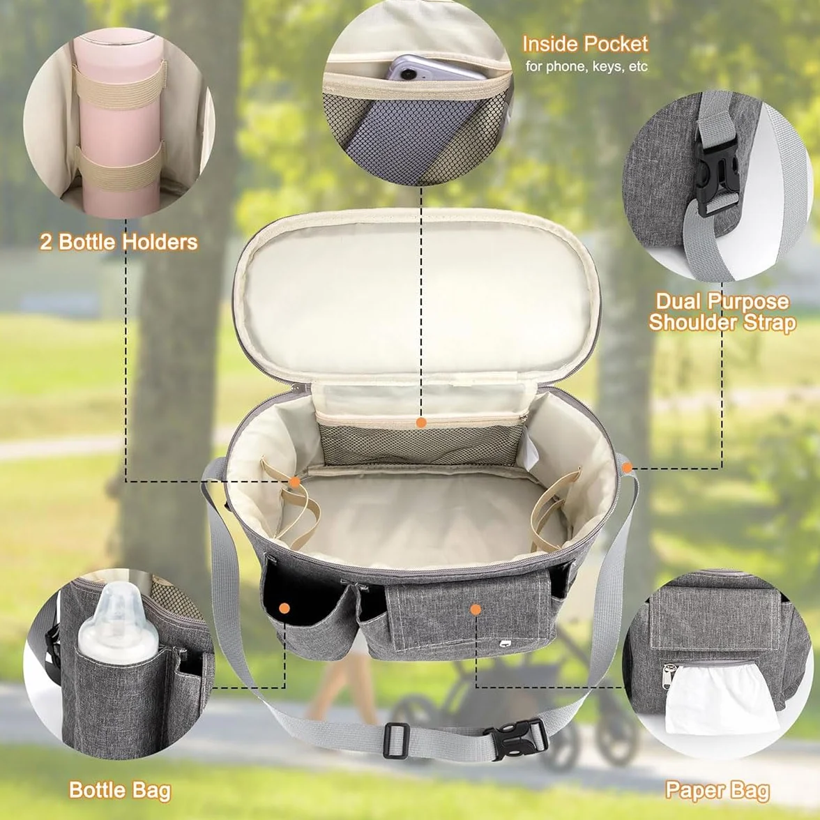 Carrozzina Organizer Passeggino, Borsa Per Passeggino Universale, Baby Borsa Passeggino Borsa Organizer, Organizer Per Passeggino Per Biberon, Pannolini, Salviette, Telefono Ccellulare (Grigio).