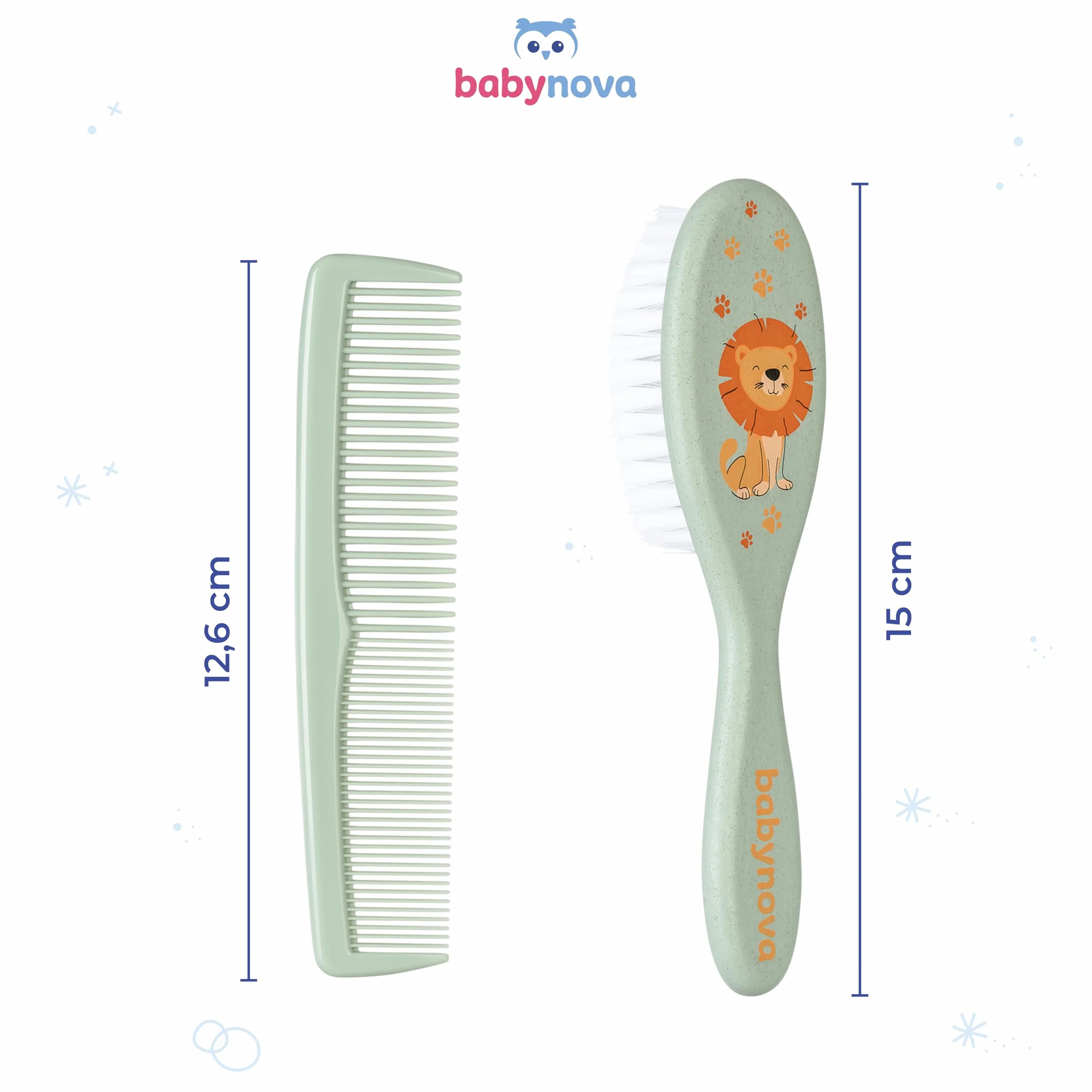 babynova Set Pettine & Spazzola – Set Cura dei Capelli con Setole in Nylon Naturale Ultra Morbide per Bambini & Neonati – Cura Delicata per Cuti Sensibili – Senza BPA – Verde leone