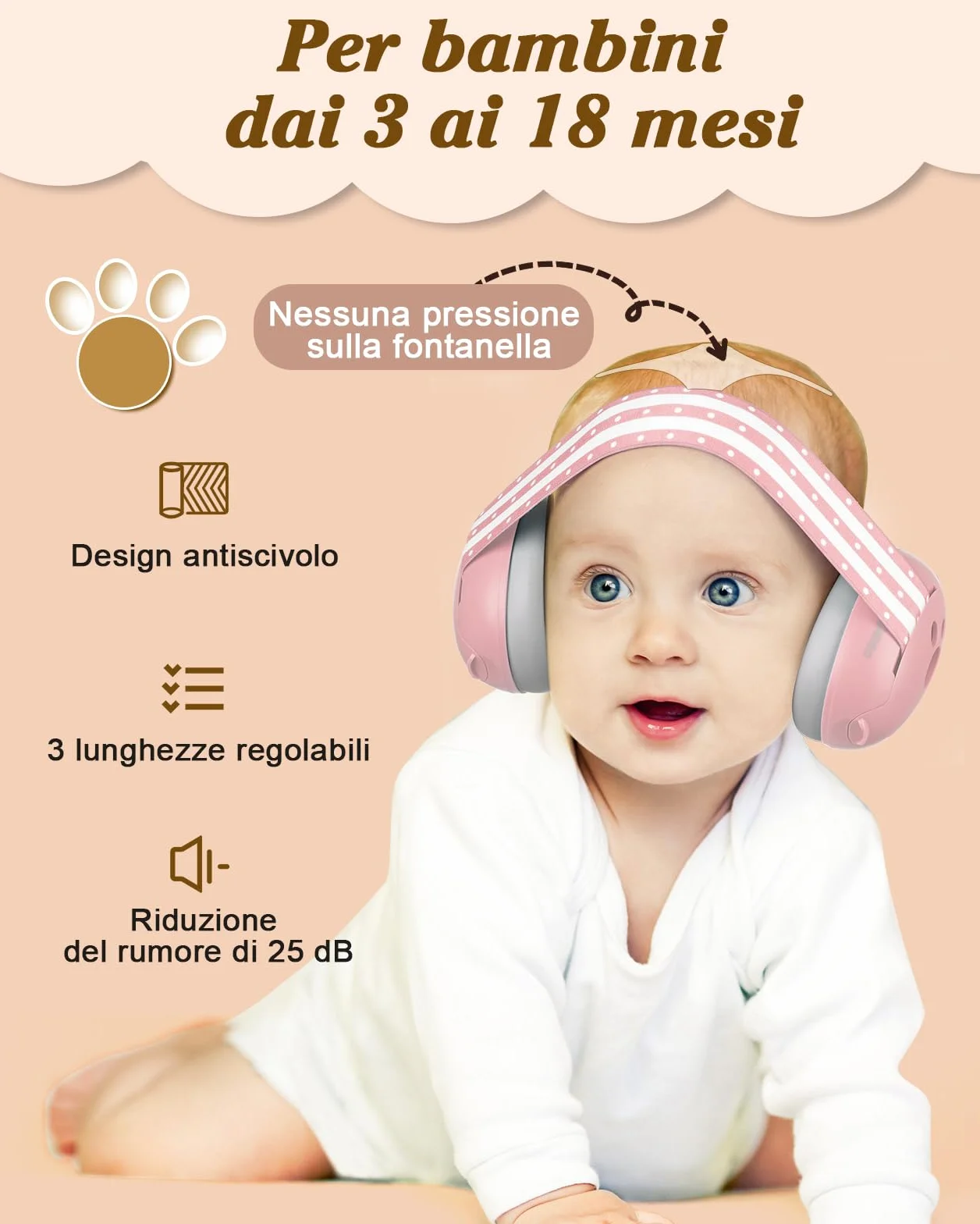 Lilian&Gema 2 in 1 Cuffie Neonato Antirumore -25dB,Protettori acustici per neonati, archetto regolabile, antiscivolo e antistress, protezione acustica ideale per neonati fino a 48 mesi
