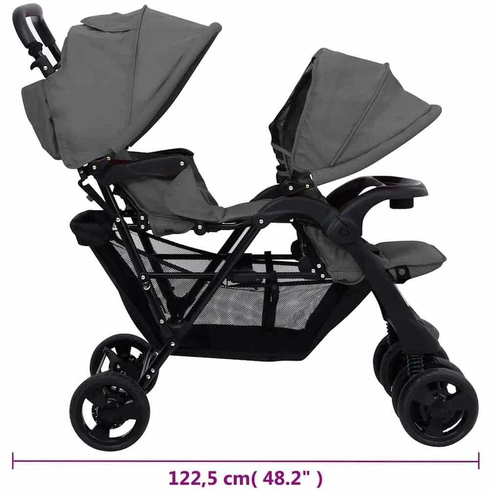 vidaXL Passeggino Gemellare a Tandem Grigio Scuro in Acciaio
