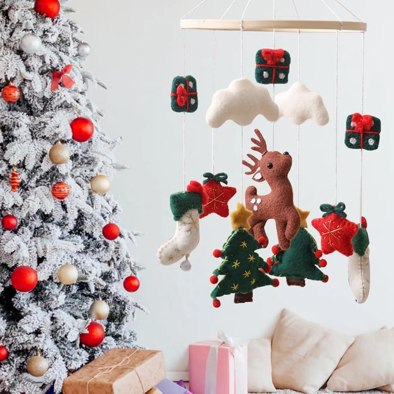 Carillon per Culla Carillon Natalizio per Regalo | Carillon Albero di Natale in Feltro con Renne Decorazione Camera Bambini Completo