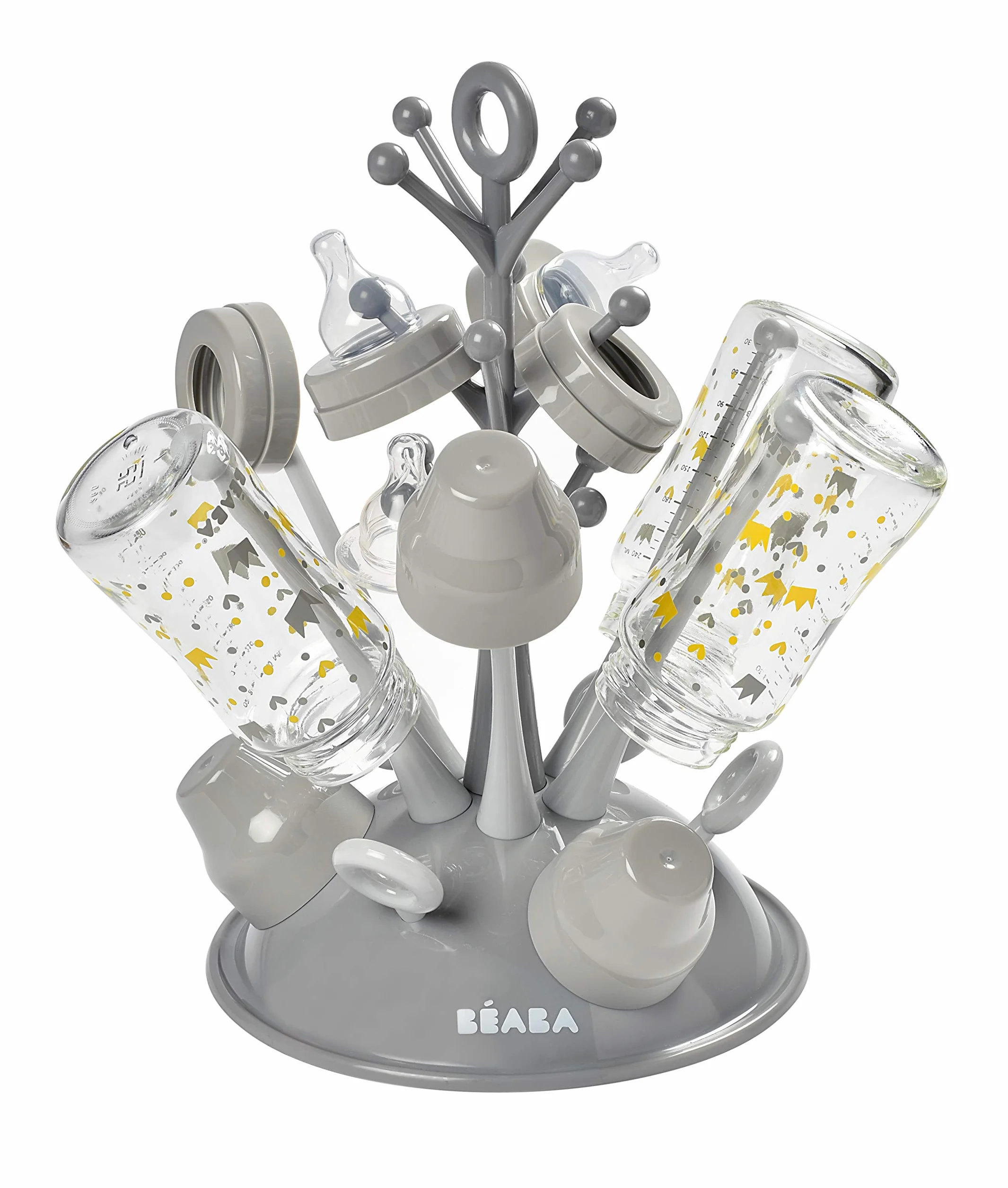 BÉABA, Scolabottiglie Albero, Grande capacità 6 biberon e accessori, Vasca di raccolta dell'acqua rimovibile, Pratico, Design astuto, Grigio