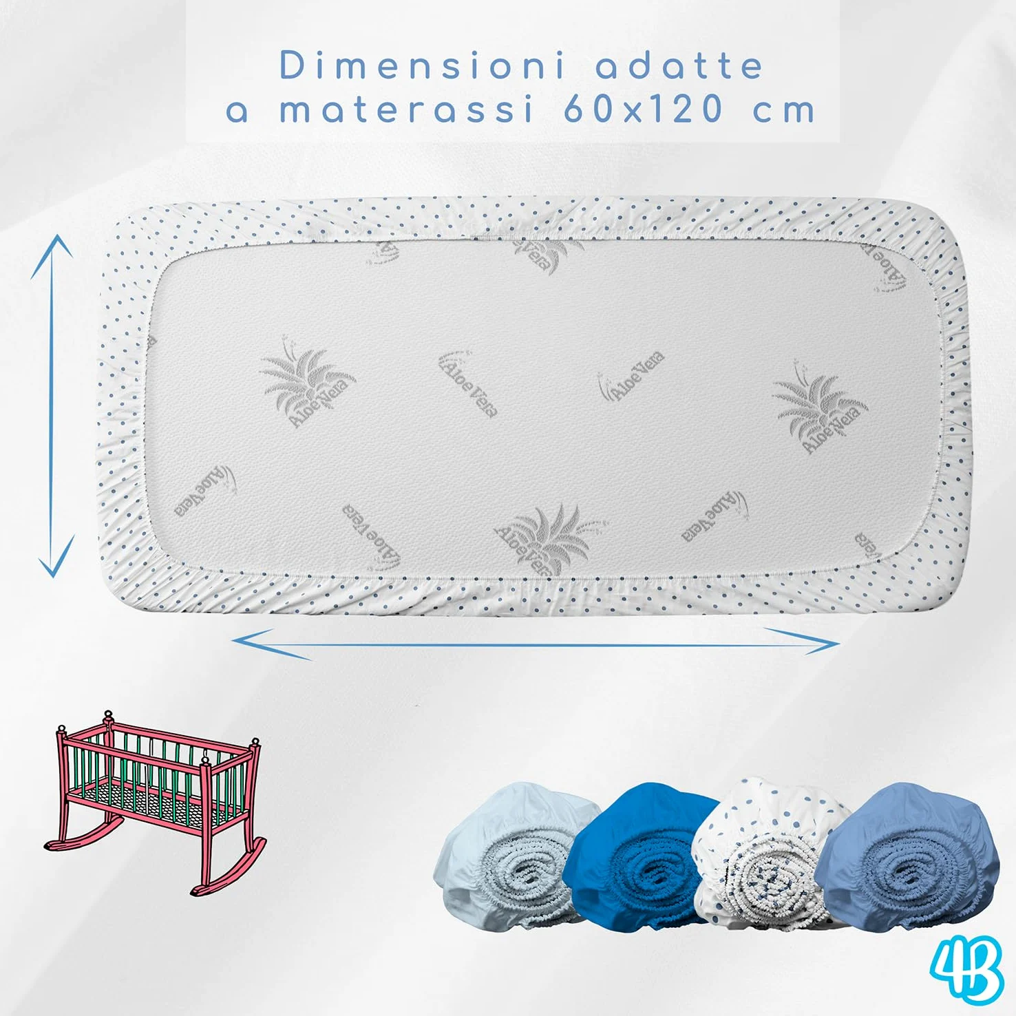 4BABIES - Set 4 Lenzuola Lettino Neonato 60x120 - Lenzuolo con Angoli per Culla in Cotone 100% Morbido Traspirante - Made in Italy OEKO-TEX - Pois Blue, Smoke Blue, Azzurro e Blu