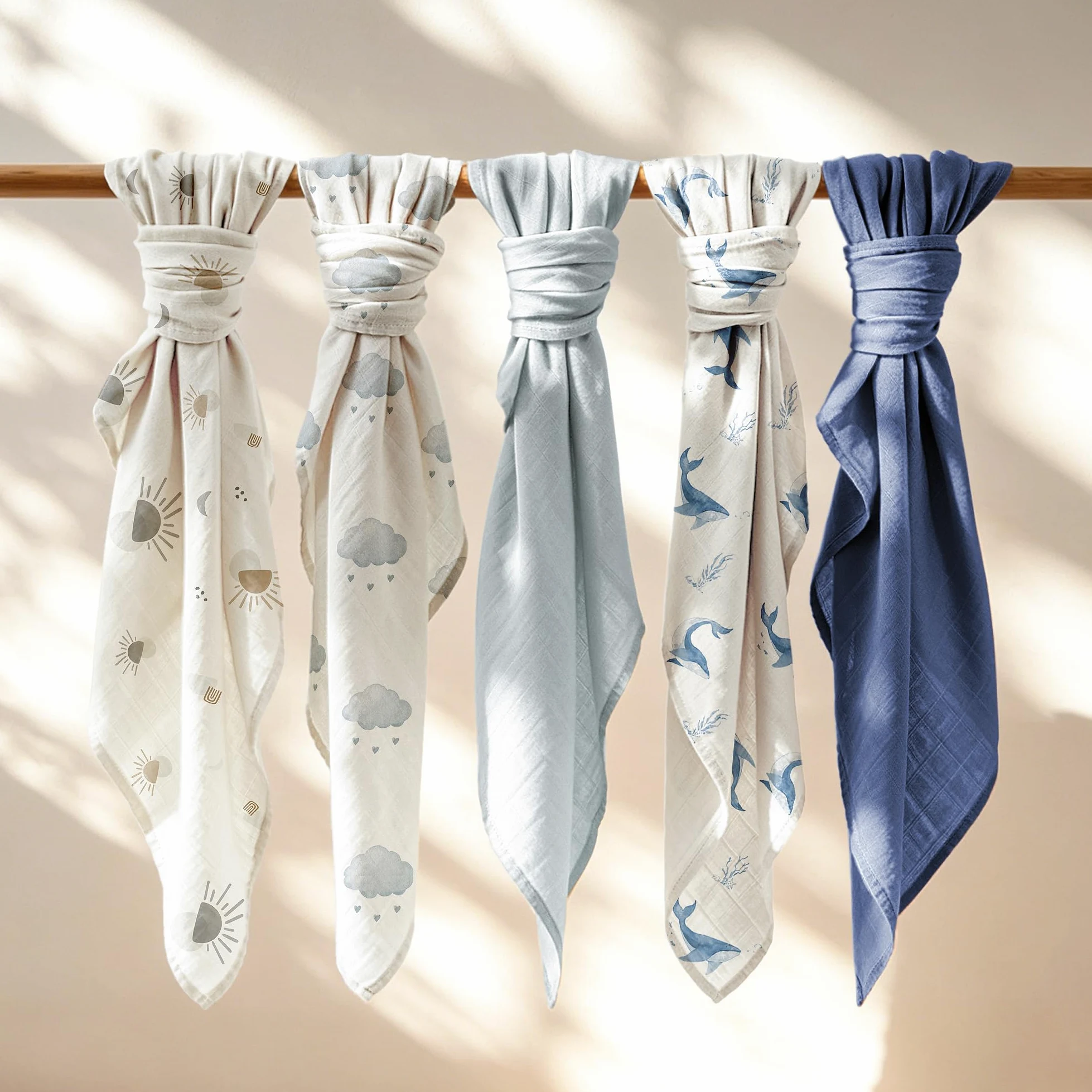Bearmoss Panno in mussola per bambini, 5 pezzi, traspiranti e assorbenti, 60 cm x 60 cm, per il bagno, asciugare e pulire i neonati (balena blu)