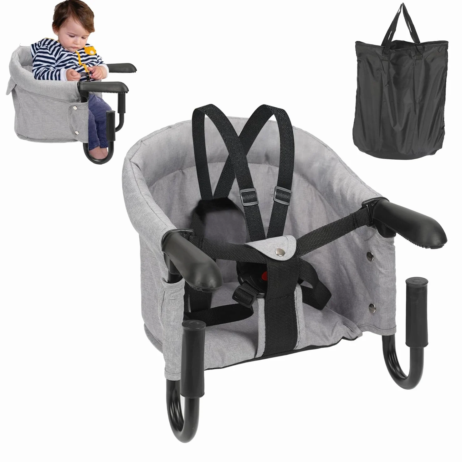Herrselsam Seggiolino pieghevole per bambini, seggiolone per bambini, seggiolino da tavolo per bambini per casa e viaggi con borsa da trasporto, caricabile fino a 18 kg (grigio)