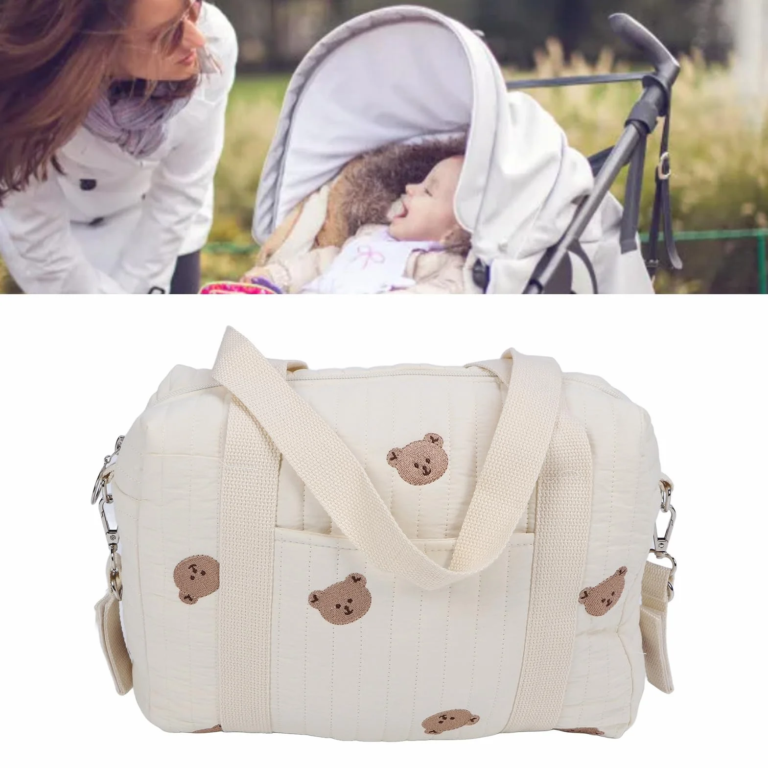 Borsa portaoggetti per passeggino universale con cerniera ricamata – Organizer per carrozzina, sacca accessori neonato, borsa multifunzione per passeggino, Bear Bag